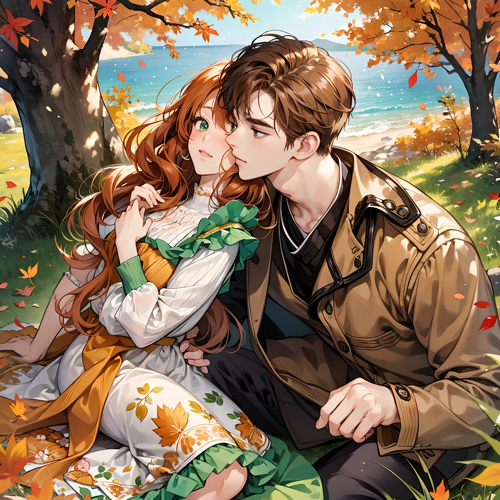 Romantic picnic at a riverbank in autumn. Orange leafs are falling down into two characters. One is a cute anime girl with ginger hair and with green eyes. The other character is a cute anime man with brown hair. They are kissing each other on the mouth. The woman is happy and blushing. They both have close eyes.