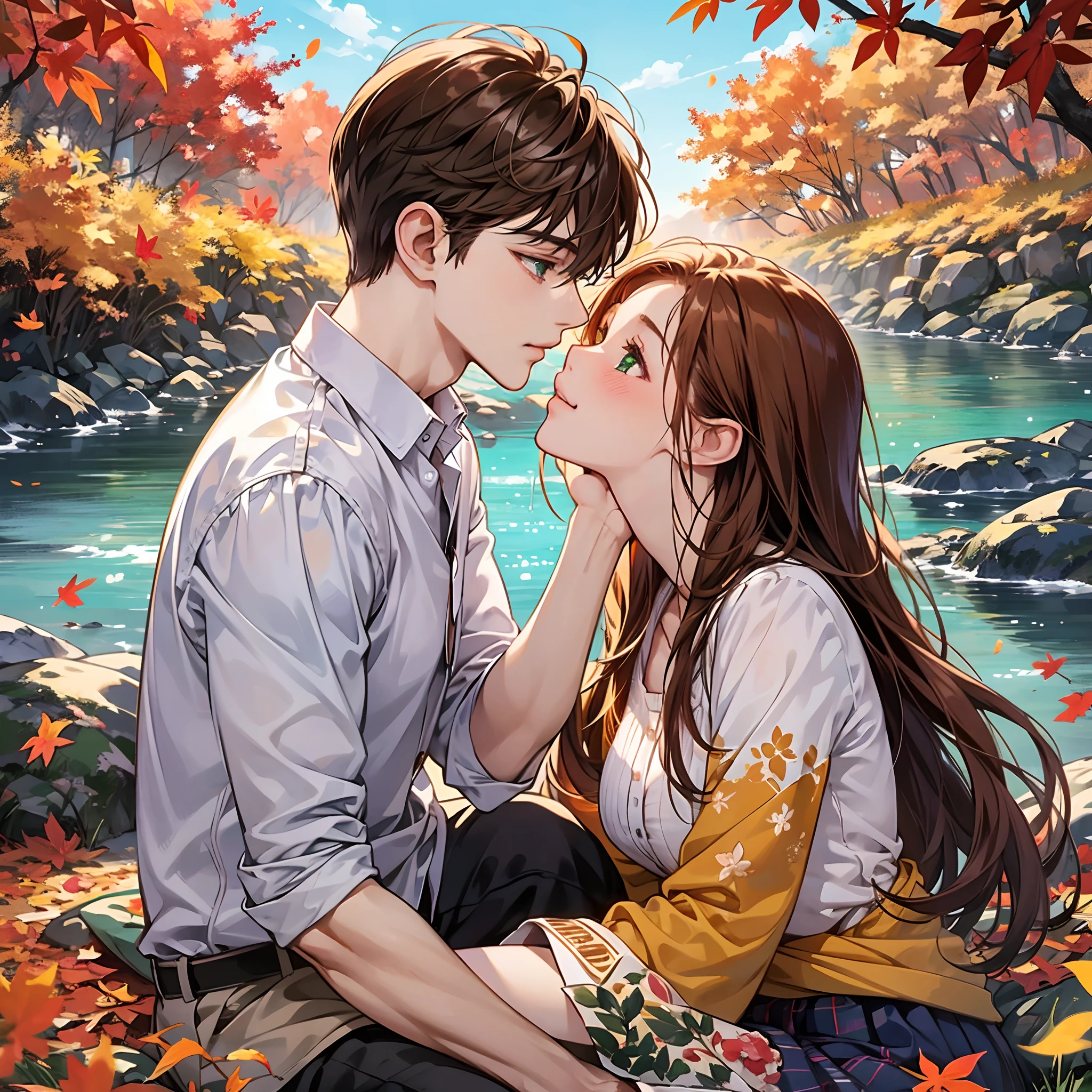 Romantic picnic at a riverbank in autumn. Orange leafs are falling down into two characters. One is a cute anime girl with ginger hair and with green eyes. The other character is a cute anime man with brown hair. They are kissing each other on the mouth. The woman is happy and blushing. They both have close eyes.