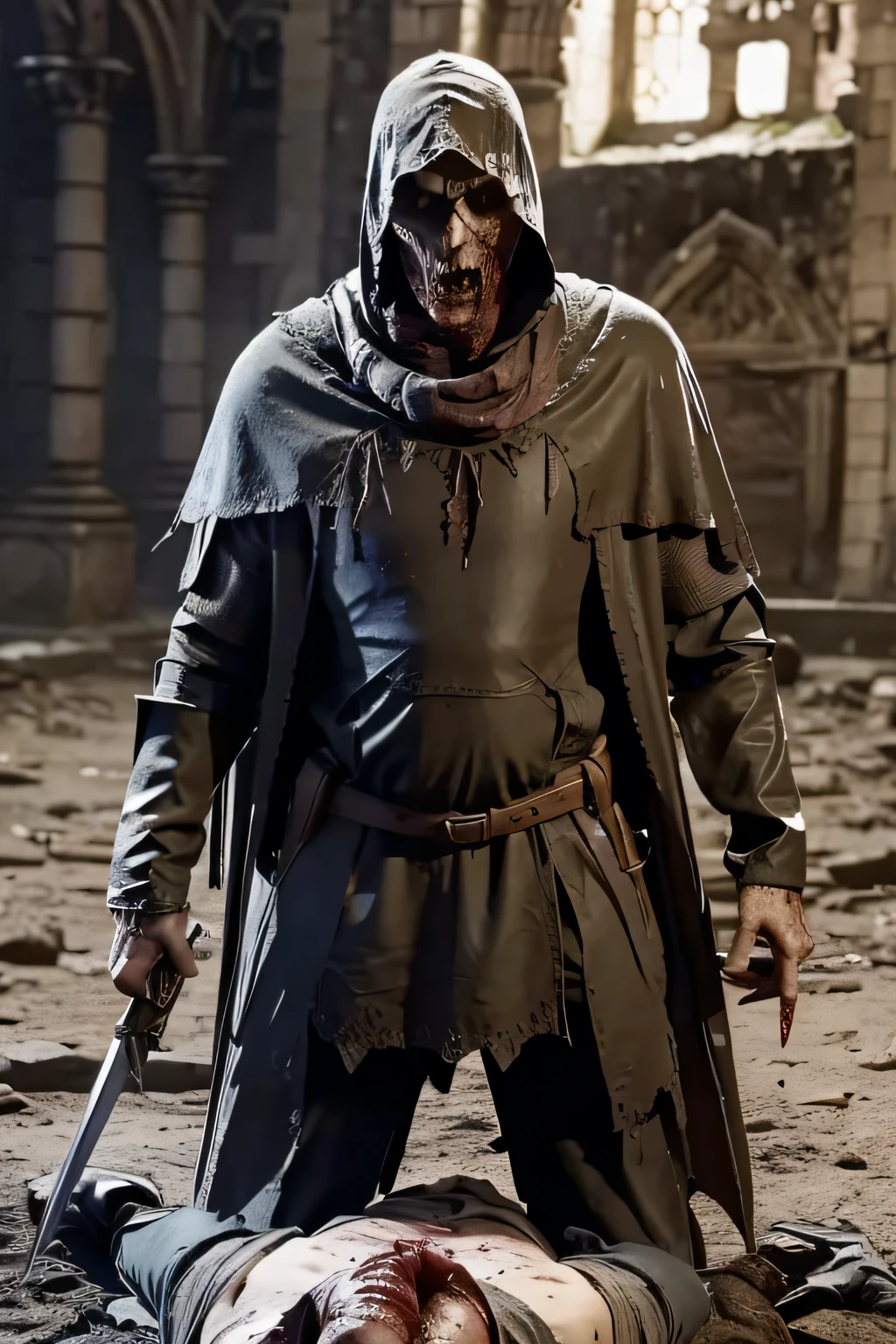 Zombie Knight Templar, ensanguentado, feridas no corpo, blood on the ground, medieval setting, manto branco, espada na bainha, simbolo de cruz no peito em vermelho, capa, Head without helmet