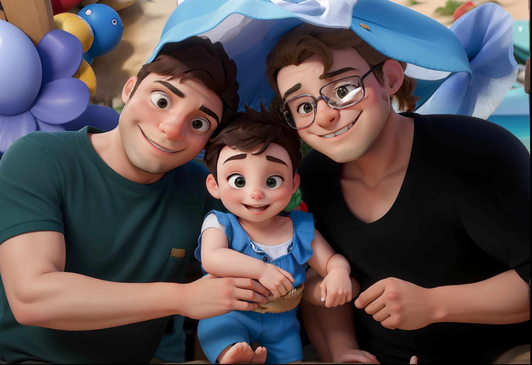 Esposa, marido e filho na praia.
