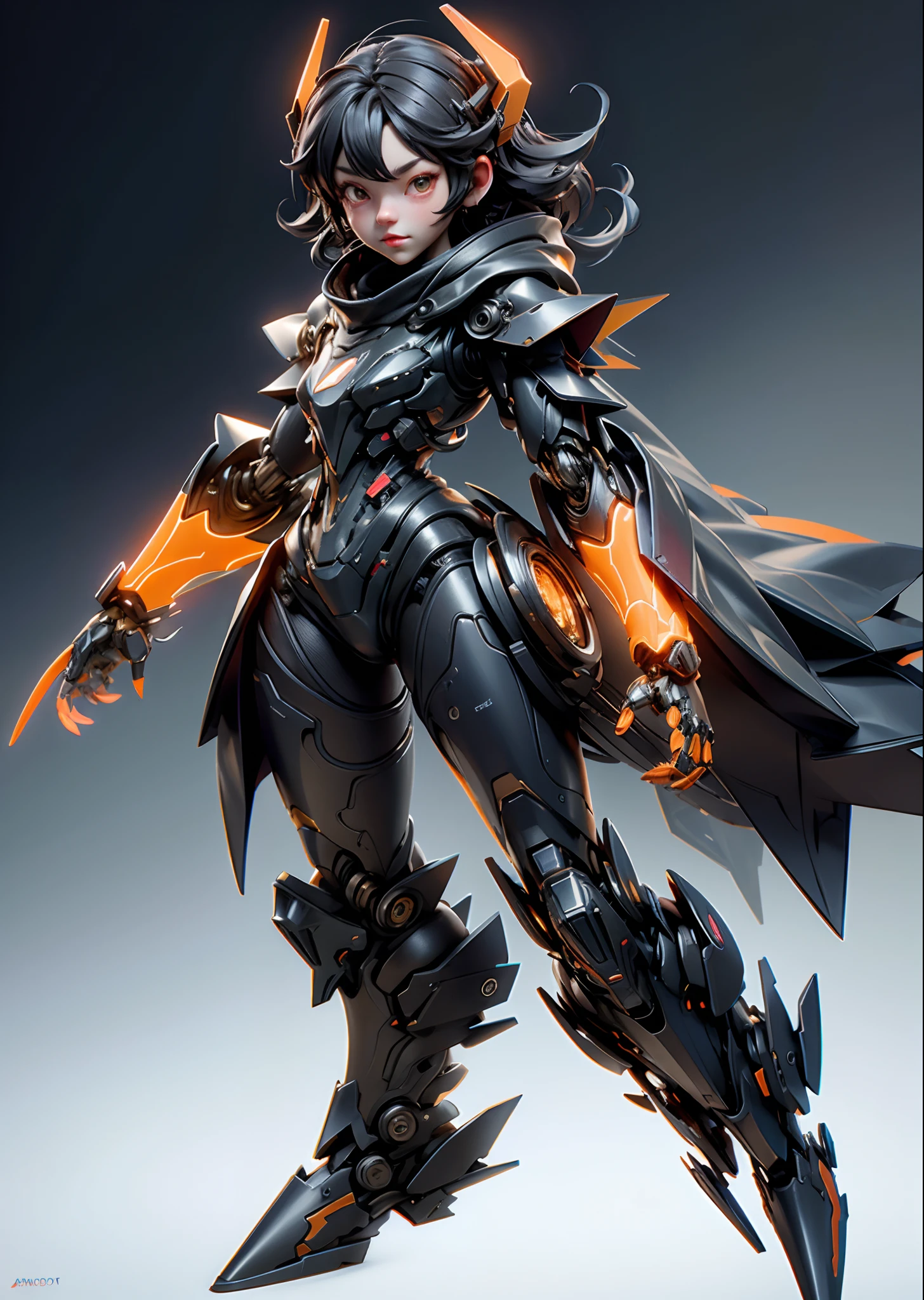 Girl wearing a fluorescent orange mechanical suit in black, Cute, 3D Rendering, Small robot, full body, Cute 3D Anime Rendering, cute detailed digital art,  3D rendering stylized, 3D rendered character art 8k, super detailed render, Show your weapon, Perfect litthing、high-detail、high-level image quality、High color rendering、hight resolution、A hyper-realistic、photo realistic