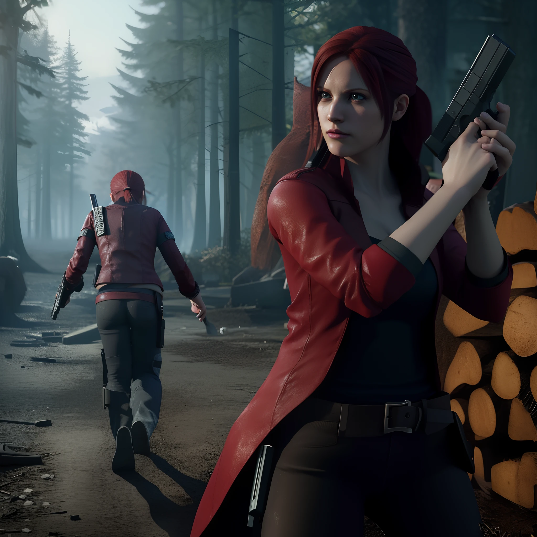 4K, HD, ((Claire Redfield 40 years old)), beautiful face, very long red hair, perfect Face, black jeans, red long coat with black t-shirt, red nail polish, friendly face, Glare, holding a gun