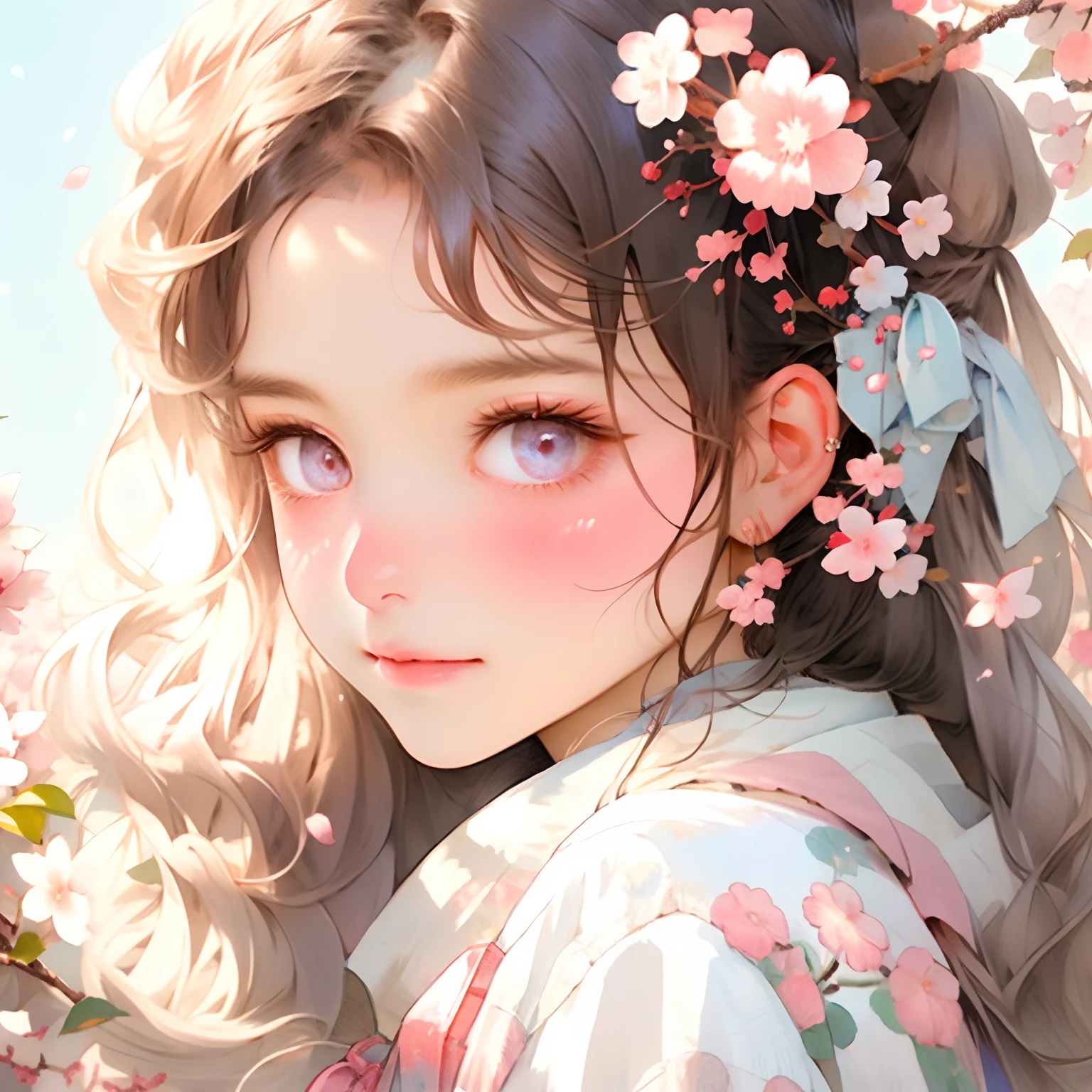 a detailed illustration of a beautiful anime girl with a soft, 
gentle appearance and a heartwarming, cute expression. She should be standing 
amidst a vibrant, cherry blossom-filled park during a serene spring day. 
Her long, wavy hair should be a delicate shade of pastel pink, adorned with 
a few cherry blossom petals, and she should have large, captivating eyes 
that exude warmth and kindness. --niji 5