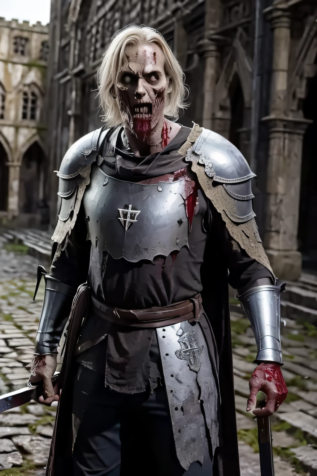 Zombie Knight Templar, ensanguentado, feridas no corpo, blood on the ground, medieval setting, manto branco, espada na bainha, simbolo de cruz no peito em vermelho, capa, Head without helmet