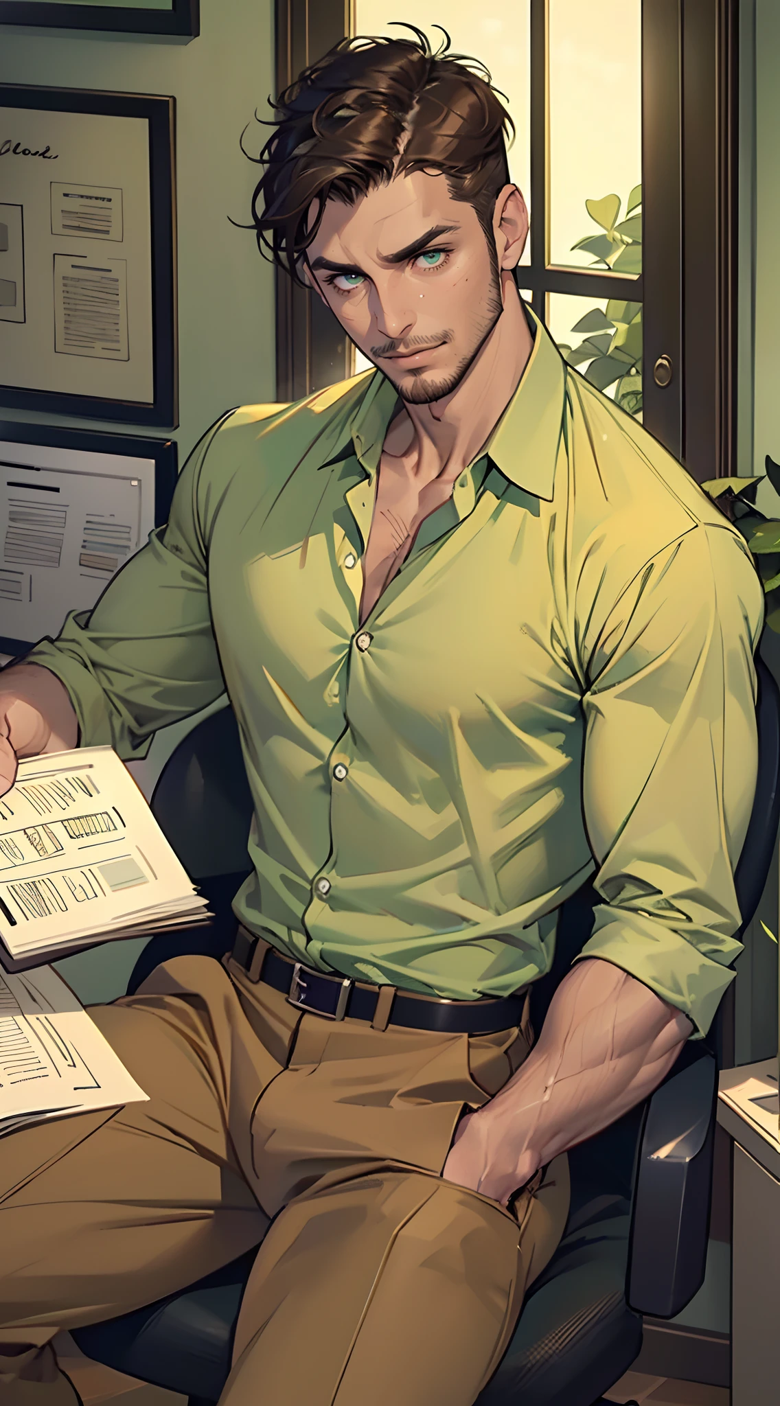Handsome man , brown hair , very Short hair, ((Ivy League Haircut:1)) , green eyes , light skin ,((has facial stubble:1.3)), strong jawline ,((masculine:1)) , Well-defined body, Toned and lean , age 35,
Sitting in an office chair, the room is professionally decorated,
He’s wearing tan plants , a green button up shirt , brown shoes , business casual,