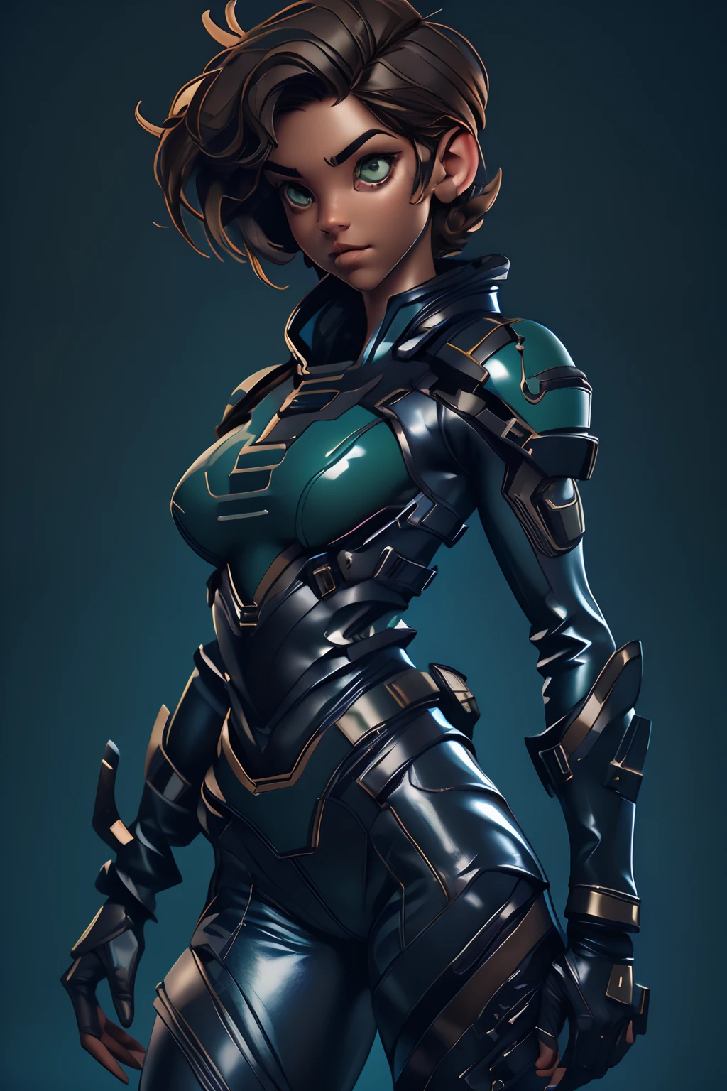 1 girl, (dark skin:1.3), brown hair, (green eyes:1.2), light_brown_hair, short_hair, very short hair, messy_hair, starship pilot, blue outfit, blue clothes, large breasts