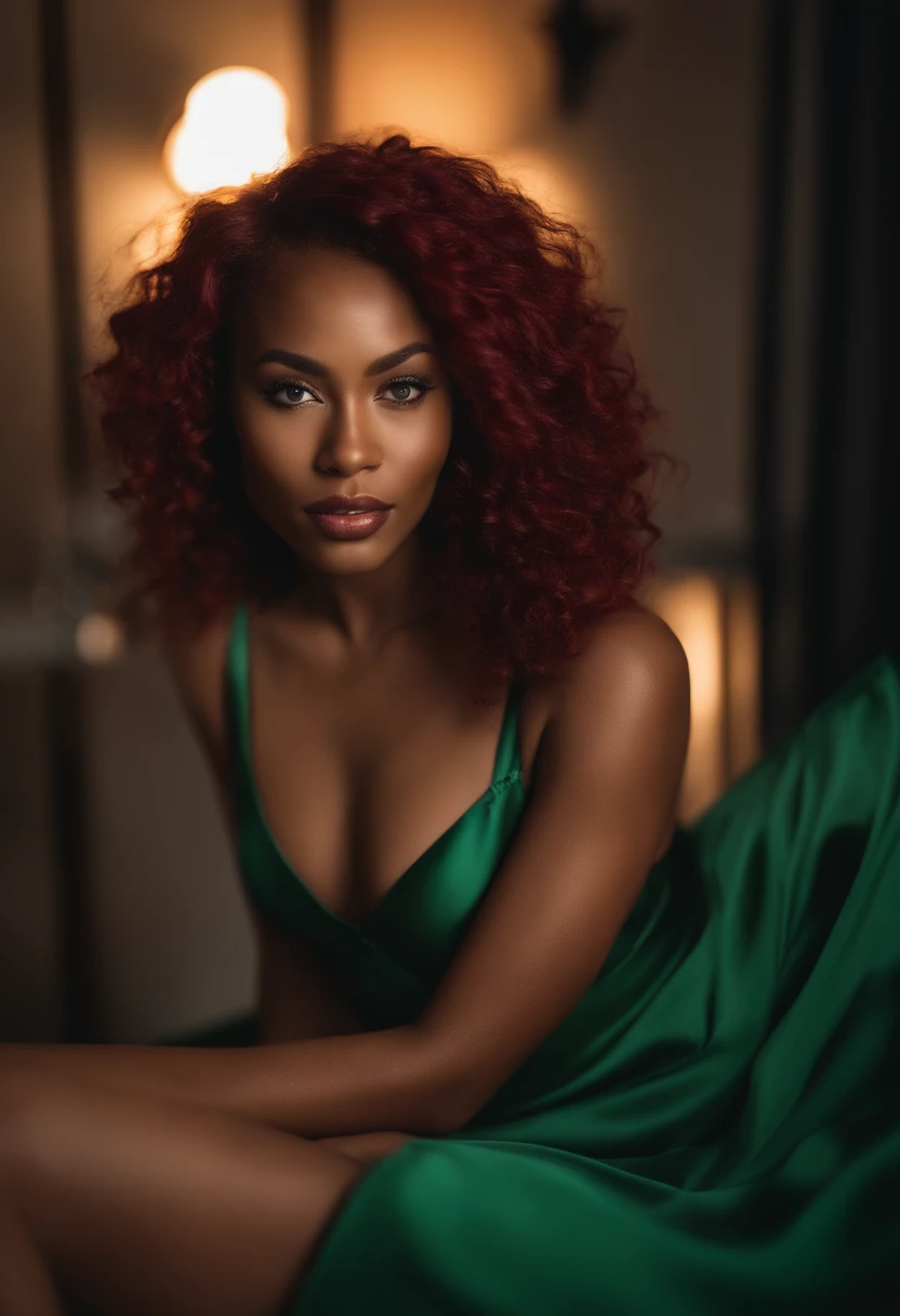 beautiful black and irish woman, instagram model, young 27 years old, caramel skin, in a sexy lingerie , vibrant red hair, blue and green eyes, gorgeous facial features, feminine features, vibrant red body wave hair, radiant skin, soft lighting, diffused glow, most realistic, real quality, nikon d850, 85mm lens, high resolution