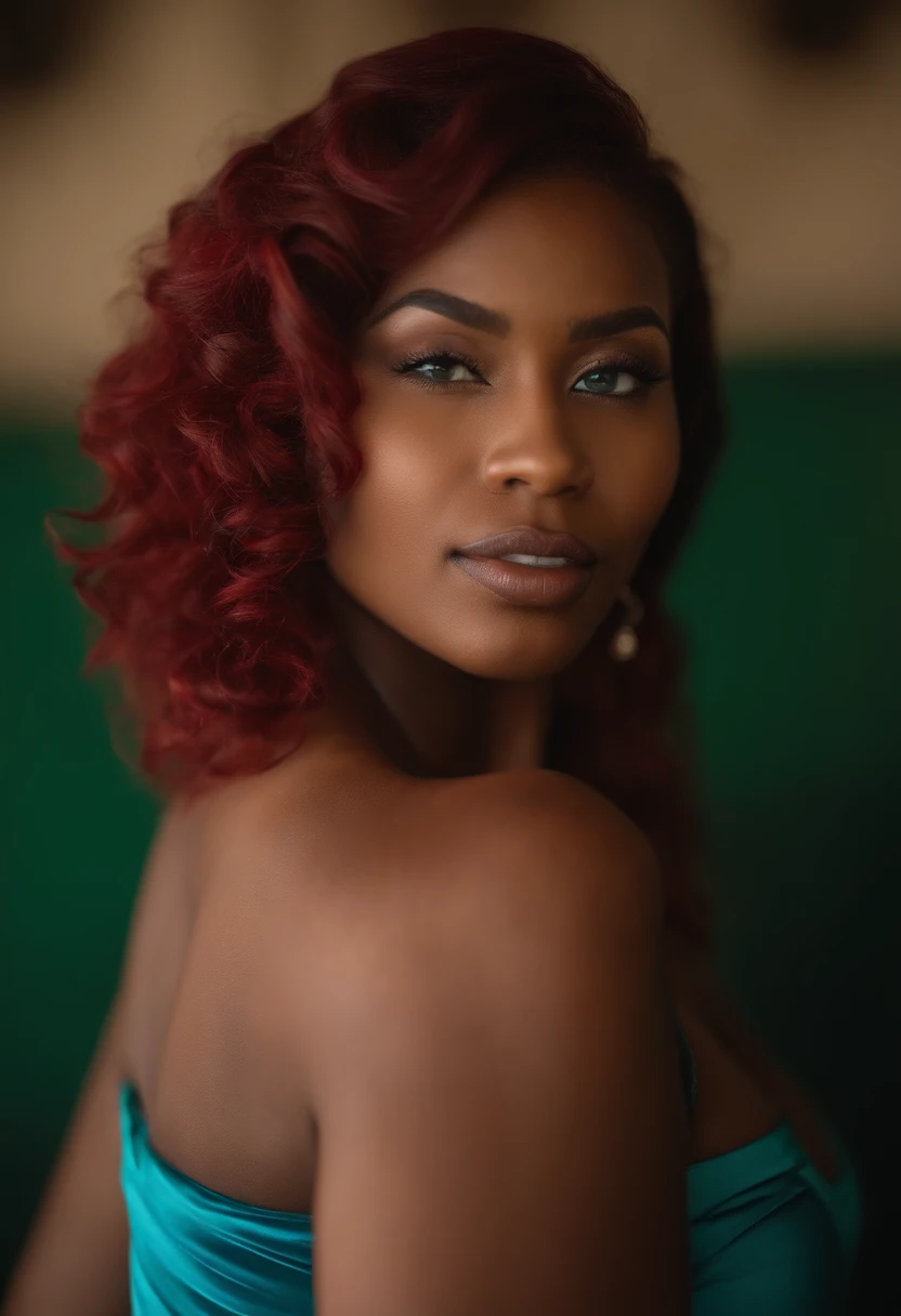 beautiful black and irish woman, instagram model, young 27 years old, caramel skin, in a sexy lingerie , vibrant red hair, blue and green eyes, gorgeous facial features, feminine features, vibrant red body wave hair, radiant skin, soft lighting, diffused glow, most realistic, real quality, nikon d850, 85mm lens, high resolution