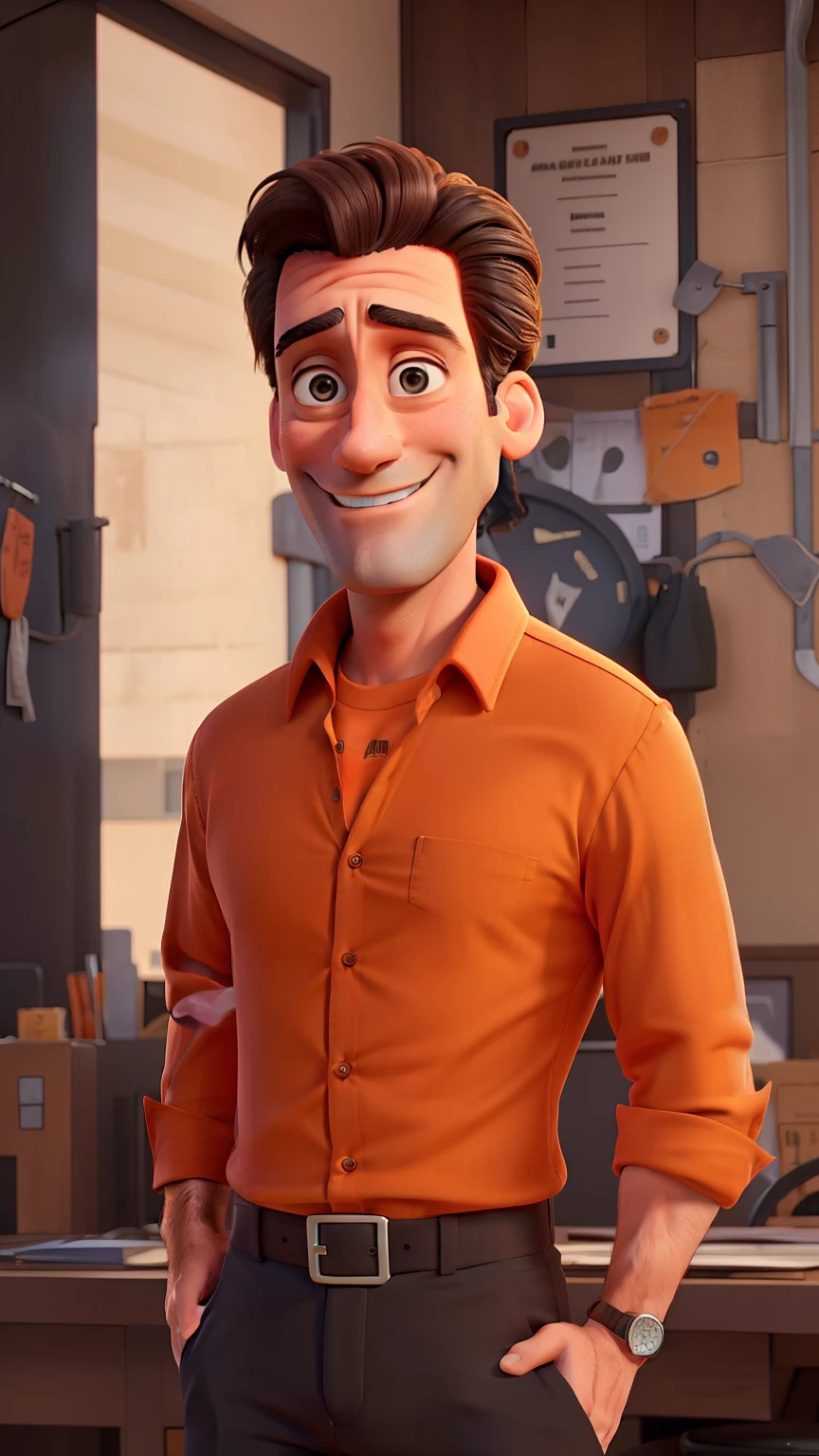 Jon Hamm dressed in an orange shirt and black pants, sorrindo e apontando para o lado com o dedo indicador