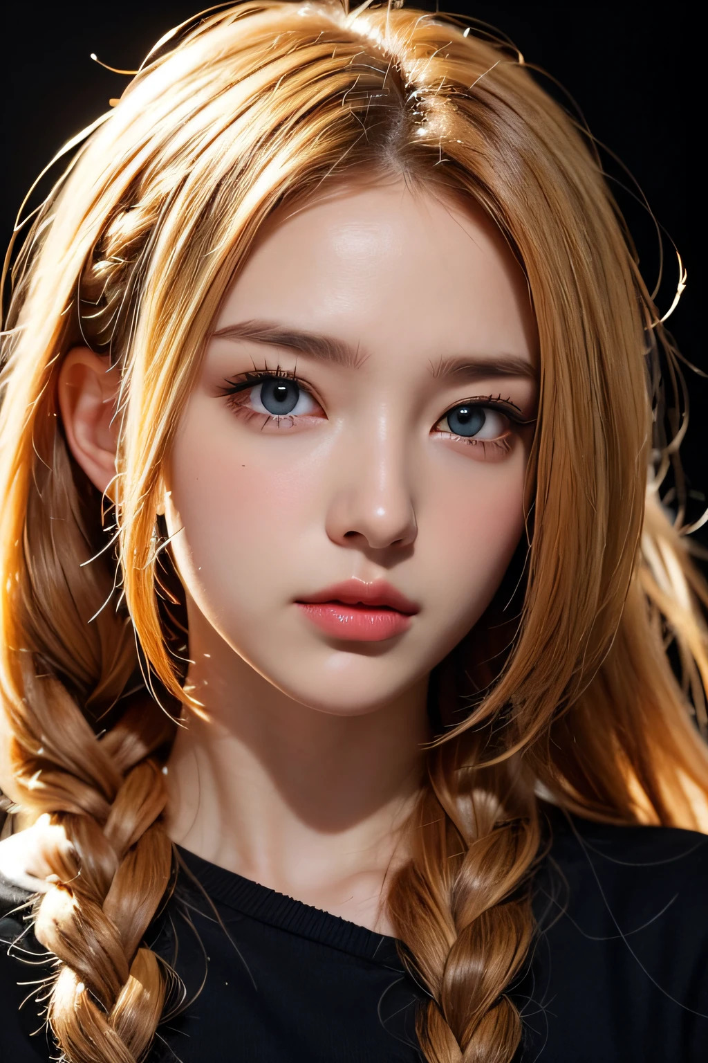 Anime, Face, Blonde and curly hair in braids, Black eyes, Long hair, (Black background), facial close-up、masterpiece、top-quality、ultra-definition、hight resolution