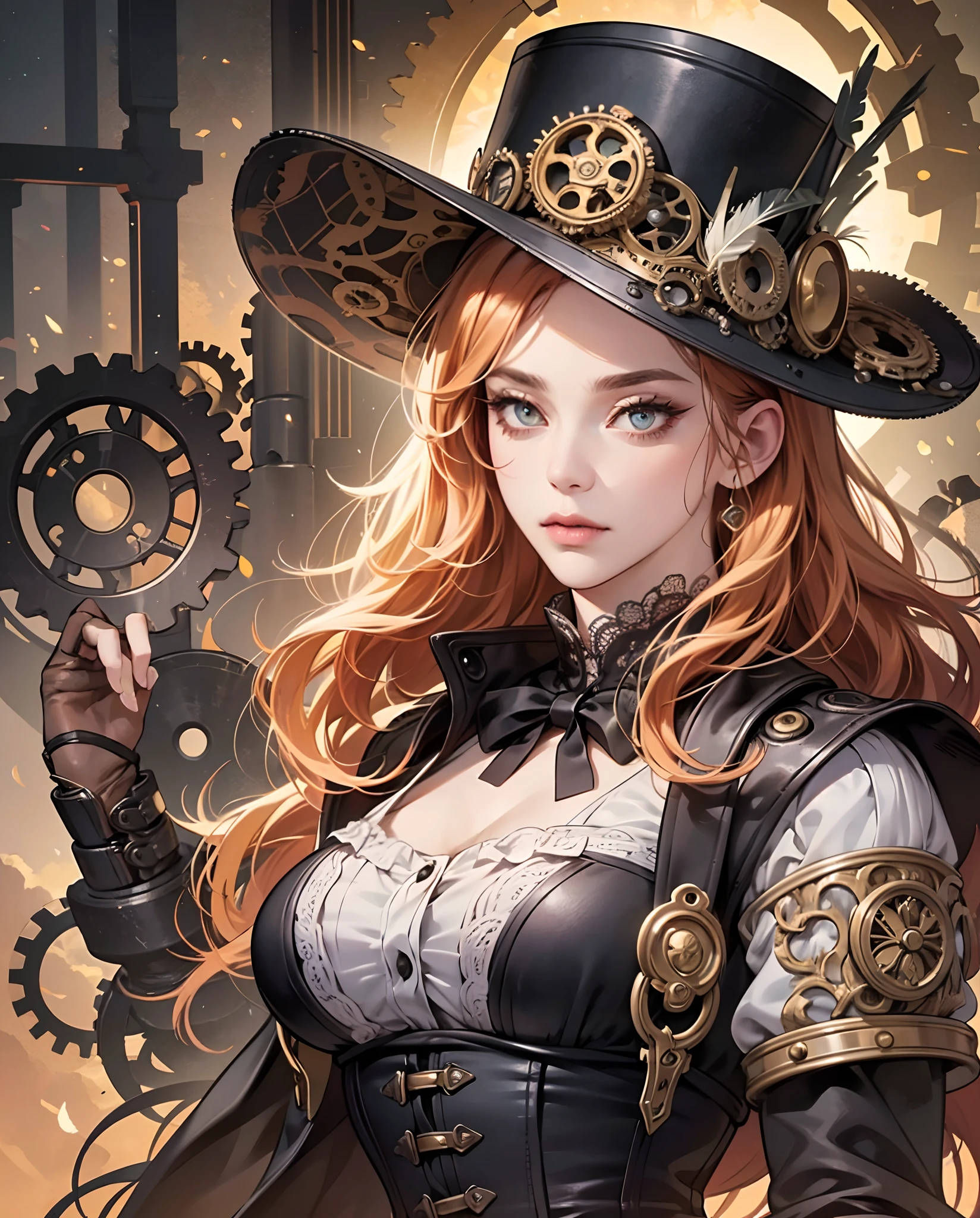 red-orange haired 30-year-old girl in steampunk attire, (intense,detailed) beautiful eyes, (intricate,detailed) luscious lips, (extremely detailed) face, (long eyelashes), (best quality, 4k, highres, masterpiece:1.2) ultra-detailed and (realistic,photorealistic,photo-realistic:1.37) illustration, (dark and mysterious) steampunk landscape with (detailed, intricate) machinery, (moody and atmospheric) lighting, (vivid, rich) colors, (detailed) cogs and gears, (simplistic) airship floating in the background, (steampunk) fashion accessories such as goggles, bracers, and leather corset, (dynamic) pose with the girl looking over her shoulder, (stylish) top hat adorned with feathers, (ornate) lace details on her dress, (expressive) facial expression showing confidence and determination --auto --s2