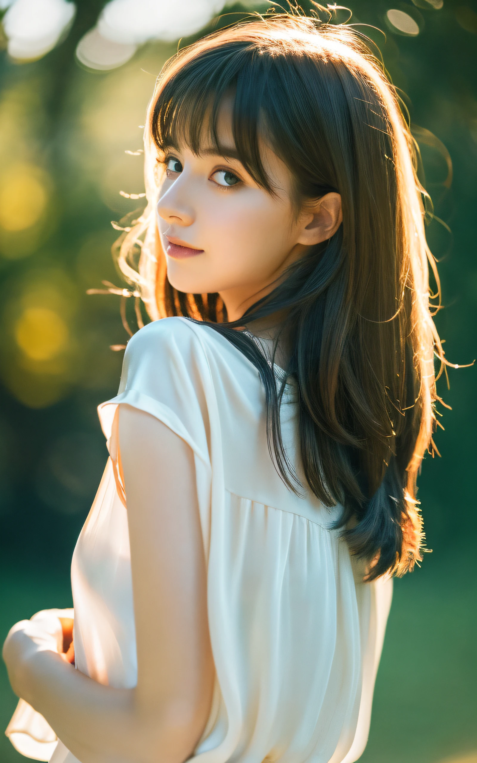 masterpiece, Best Quality, 8K, 20 yo, (Large breast:1.2), cuddly, Solo, sad, close up, Cute, Girly, Delicate girl, Neat and clean beauty, Raw photo, Professional Photography, Portrait, Soft light, Professional Lighting, Back lighting, Upper body, Looking away, Sophisticated, Film grain, (Eyes and faces with detailed:1.0), beautiful straight hair, Medium length hair swaying in the wind, silk blouse,
