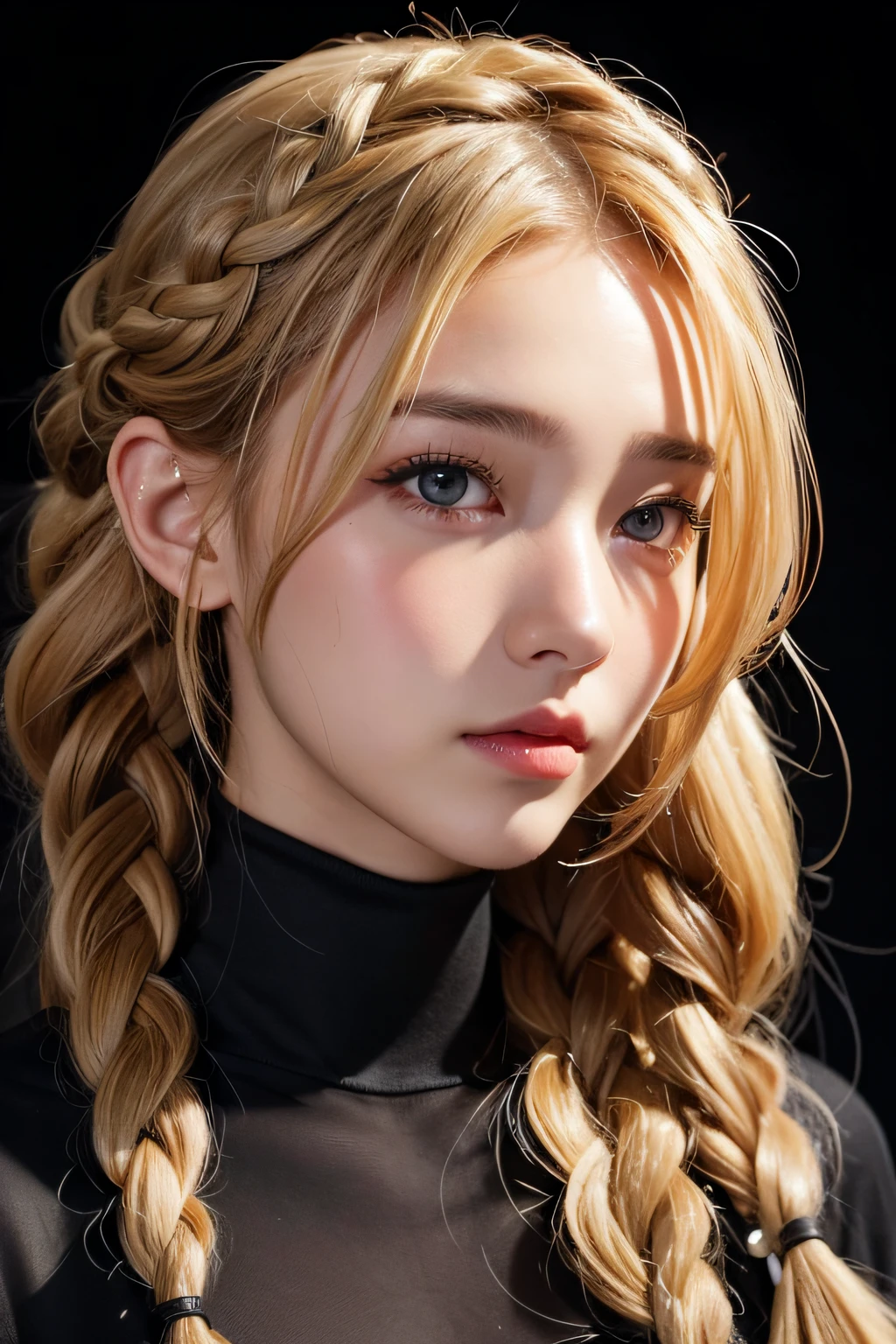 Anime, Face, Blonde and curly hair in braids, Black eyes, Long hair, (Black background), facial close-up、masterpiece、top-quality、ultra-definition、hight resolution