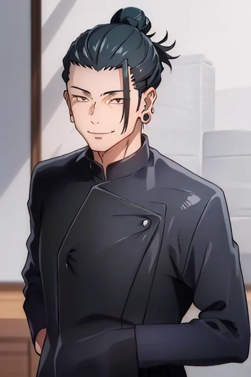 1 man, Getou, looking left side, smile, short fur, black hair, tall, 1st year, closed mouth, standing, jacket, upper body, Male focus, inside, hair bun, brown eyes, pants wide black, show legs, piercing, single hair bun, ear piercing, Gakuran, hair pulled back, master piece