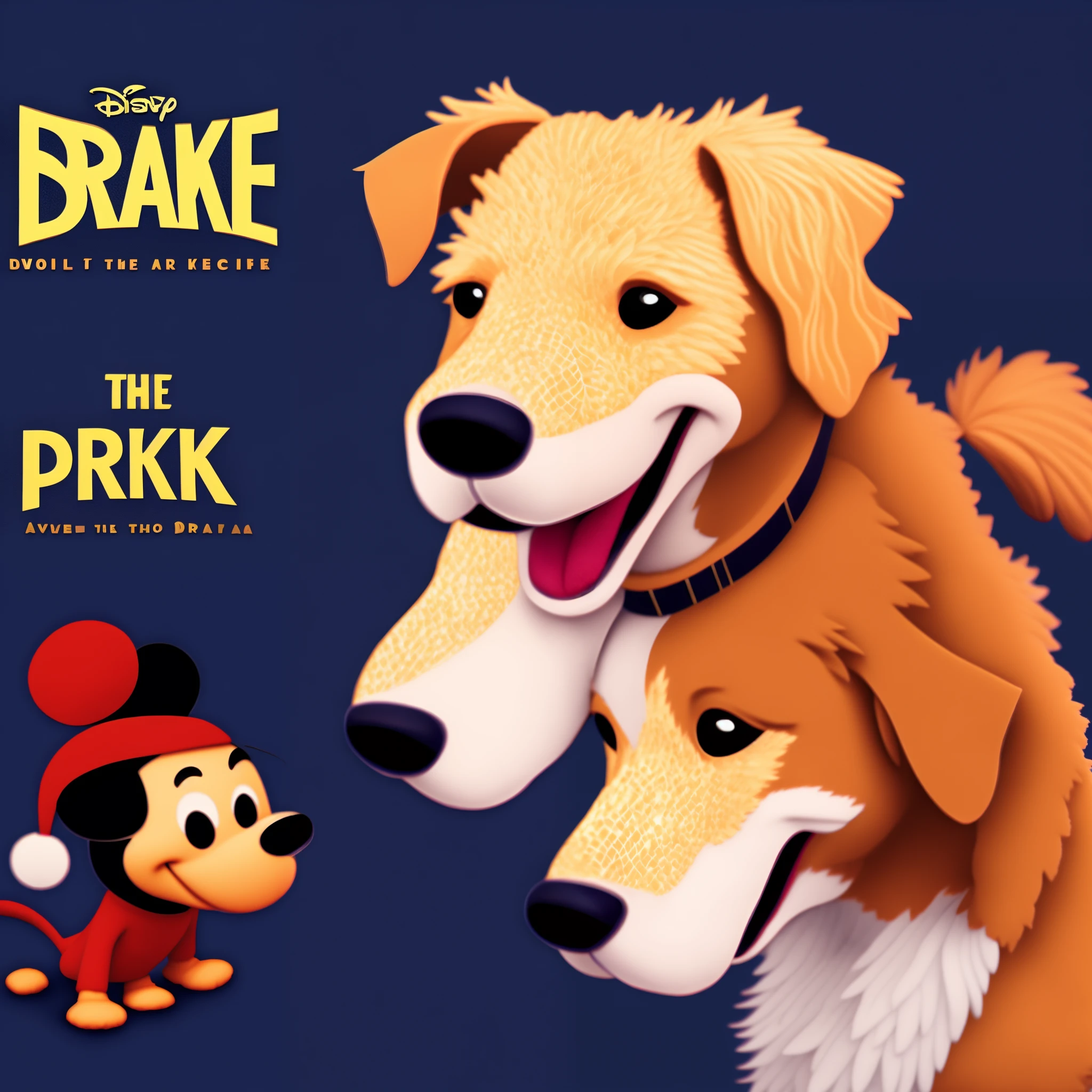 “Disney Pixar inspired movie poster with the title Drake. In the image a golden doodle . The background of the image is Christmas . The scene should be in the distinct digital art style of Pixar, with a focus on character expressions, vibrant colors, and detailed textures which are characteristics of their animation.”
