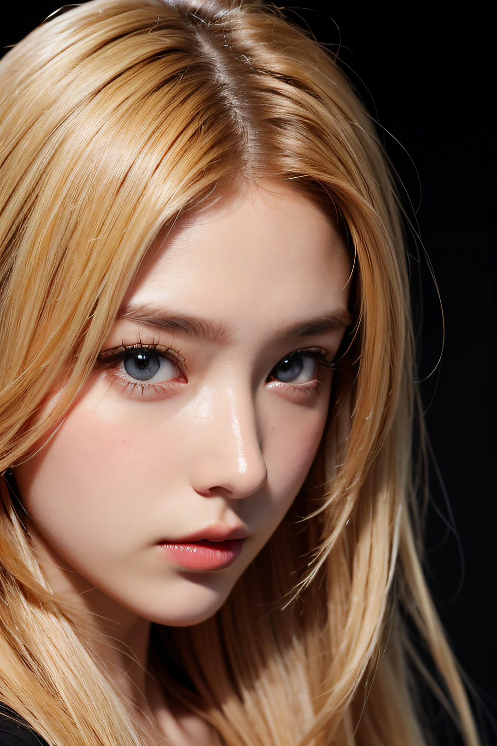 Anime, Face, Blonde hair, Black eyes, Long hair, Black background, facial close-up、masterpiece、top-quality、ultra-definition、hight resolution