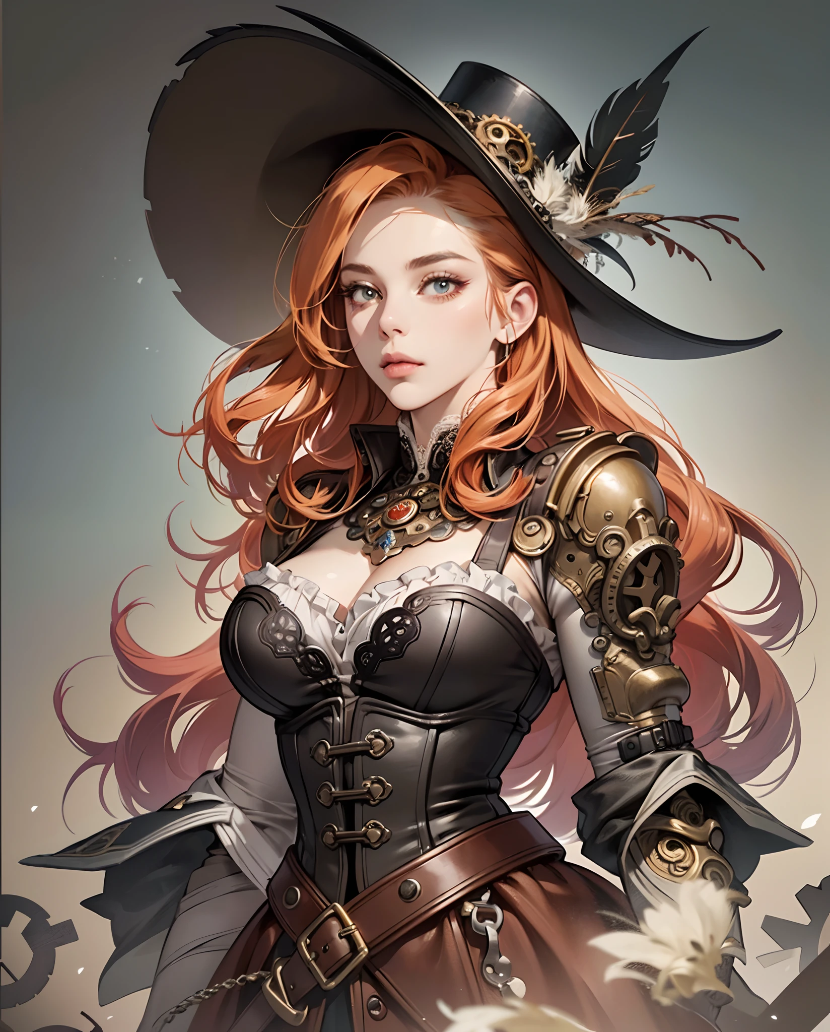 red-orange haired 30-year-old girl in steampunk attire, (intense,detailed) beautiful eyes, (intricate,detailed) luscious lips, (extremely detailed) face, (long eyelashes), (best quality, 4k, highres, masterpiece:1.2) ultra-detailed and (realistic,photorealistic,photo-realistic:1.37) illustration, (dark and mysterious) steampunk landscape with (detailed, intricate) machinery, (moody and atmospheric) lighting, (vivid, rich) colors, (detailed) cogs and gears, (simplistic) airship floating in the background, (steampunk) fashion accessories such as goggles, bracers, and leather corset, (dynamic) pose with the girl looking over her shoulder, (stylish) top hat adorned with feathers, (ornate) lace details on her dress, (expressive) facial expression showing confidence and determination --auto --s2