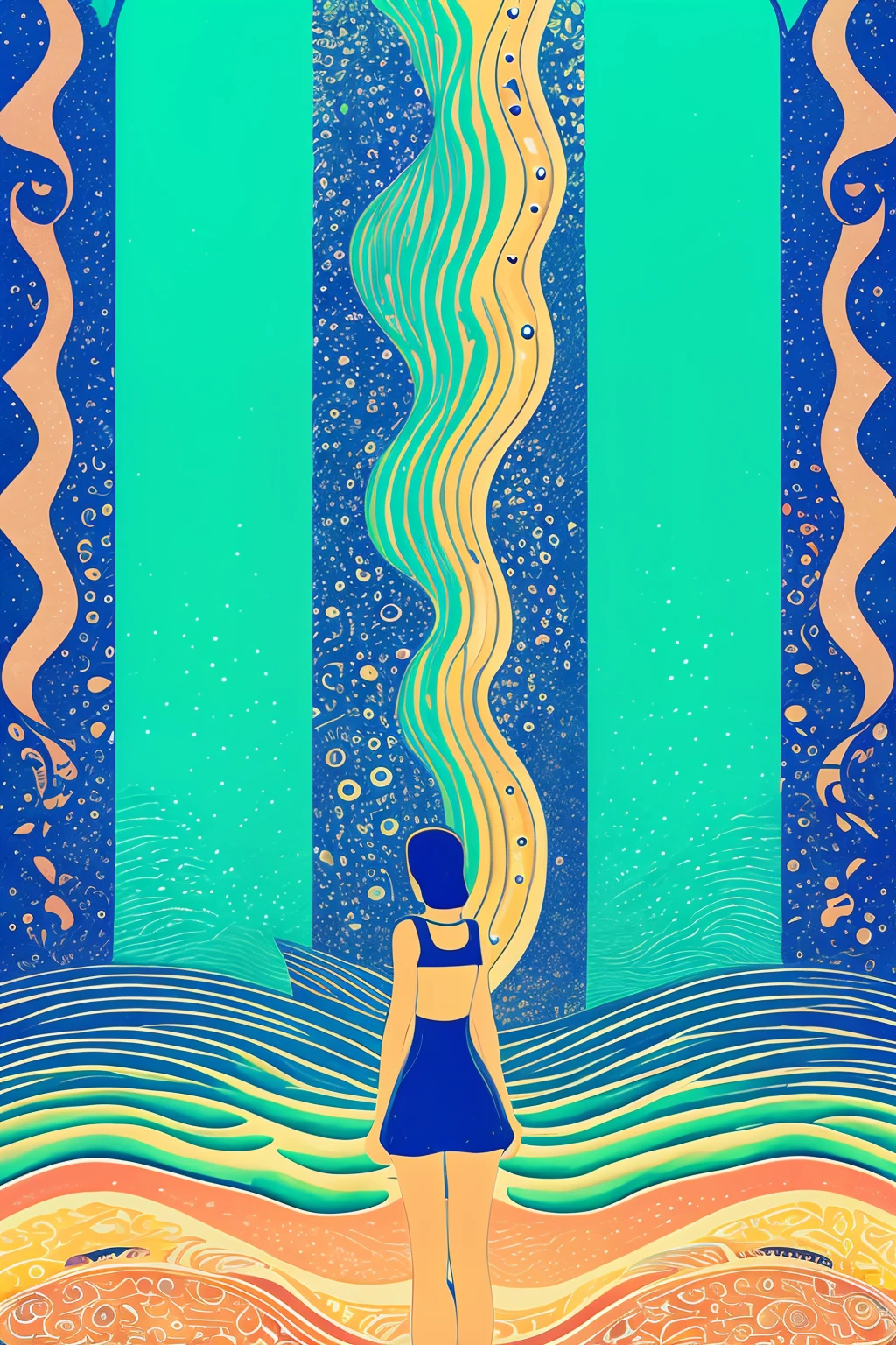 A slim girl, At the bottom of the sea, Mint green sea color, Flashing waves, In the style of Klimt, three point perspective，Abstract style, 4K
