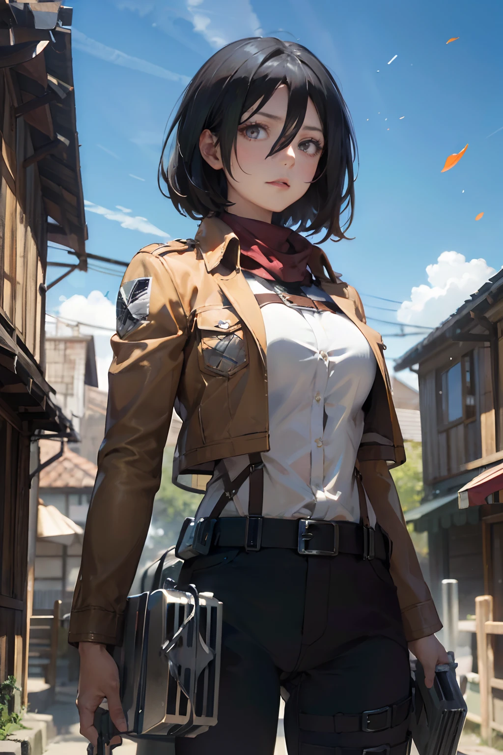 a 20 yo woman、Black-haired head hair、Bery short hair、dark themed、Muted Tones、Subdued Color、highly contrast、(natural skin textures、Hyper-Realism、Soft light、sharp)、aot style、Attack on Titan、Mikasa Ackerman、女の子1人、Three-dimensional maneuver gear、arm strap、bangss、A dark-haired、Black pants、breastsout、cowboy shot、embers、verd s eyes、mid air、hairs between eyes、Harnes、long-sleeve、looking at viewert、middlebreasts、Underpants、red scarf、scarf、The shirt、short-hair、fumo、独奏、Thigh strap、Brown jacket、white shirt、survey team\(emblem\)、((masterpiece))、top-quality、battle posture, Skysky, mid air,