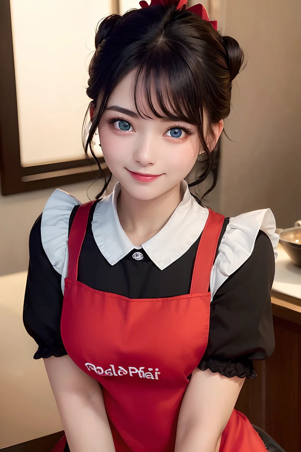 ((best quality, 8K, masterpiece)), ultra detailed, sharp focus, 1 cute girl, ((red polar apron:1.4)), (black hair, updo:1.4), (blouse:1.4), highly detailed face and skin texture, ((detailed eyes)), ((beautiful eyes:1.4)), (smile:1.15), (closed mouth), cafe