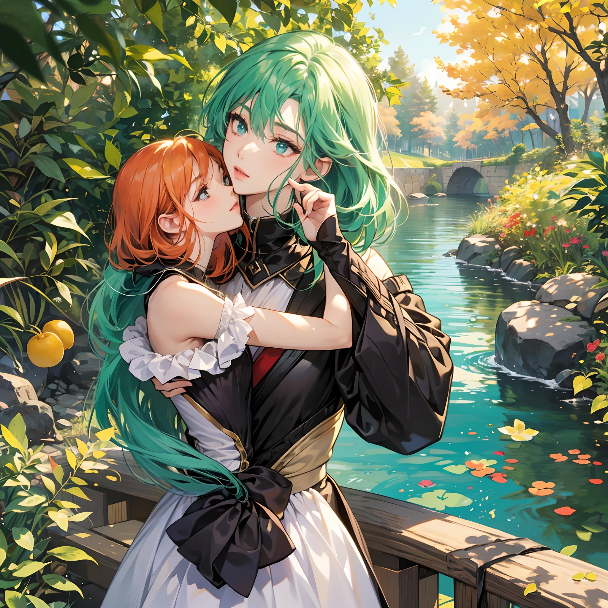 Pique-romantique au bord d’une rivière en automne. Les feuilles oranges tombent sur les deux personnages. L’une est une jolie fille mignonne d’anime aux cheveux longs roux et aux yeux verts. L’autre personnage est un mignon homme d’anime aux cheveux courts bruns. Ils s’embrassent sur la bouche. La femme rougit.