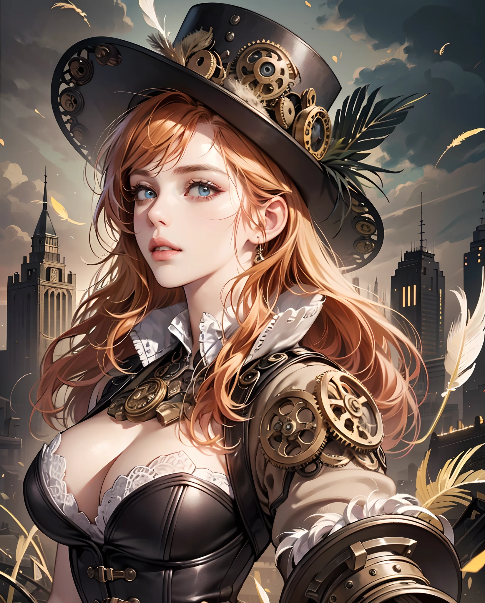 red-orange haired 30-year-old girl in steampunk attire, (intense,detailed) beautiful eyes, (intricate,detailed) luscious lips, (extremely detailed) face, (long eyelashes), (best quality, 4k, highres, masterpiece:1.2) ultra-detailed and (realistic,photorealistic,photo-realistic:1.37) illustration, (dark and mysterious) steampunk landscape with (detailed, intricate) machinery, (moody and atmospheric) lighting, (vivid, rich) colors, (detailed) cogs and gears, (simplistic) airship floating in the background, (steampunk) fashion accessories such as goggles, bracers, and leather corset, (dynamic) pose with the girl looking over her shoulder, (stylish) top hat adorned with feathers, (ornate) lace details on her dress, (expressive) facial expression showing confidence and determination --auto --s2
