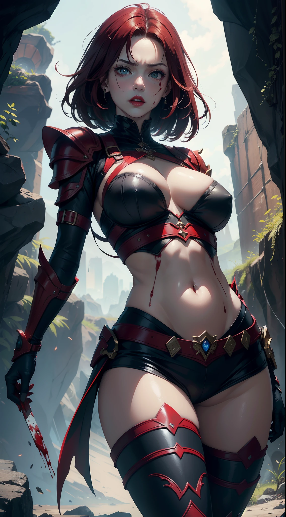 Masterpiece,(ultra detail), (detail face), (30 years old woman covered many blood after war),(from below), (sexy armor), fantasy world, large breast, dynamic pose, beautiful, red lip, red hair, angry, cave, dynamic angle, fighting pose