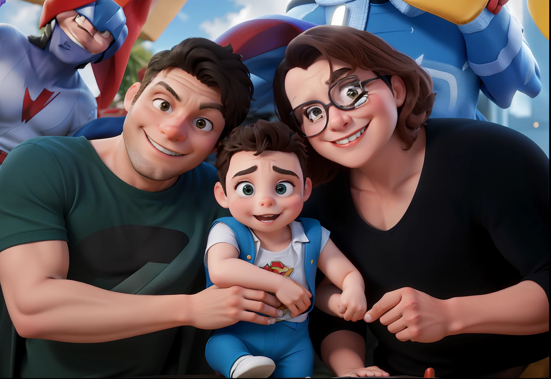 Esposa, marido e filho, All dressed as superheroes fighting crime.