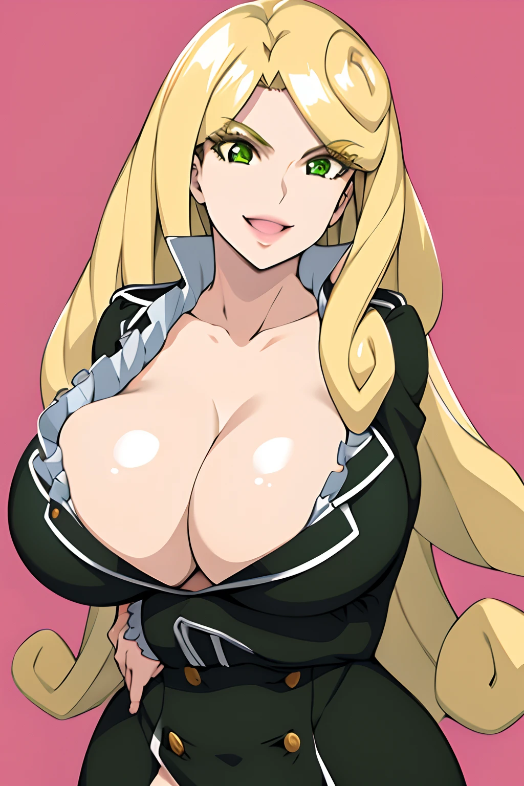 (nude), masterpiece, nipples, busty, huge tits, circle hair bangs, best quality, sonyablade, 1girl, lizarunecastle, green eyes, blonde long hair, cleavage, smile, simple background