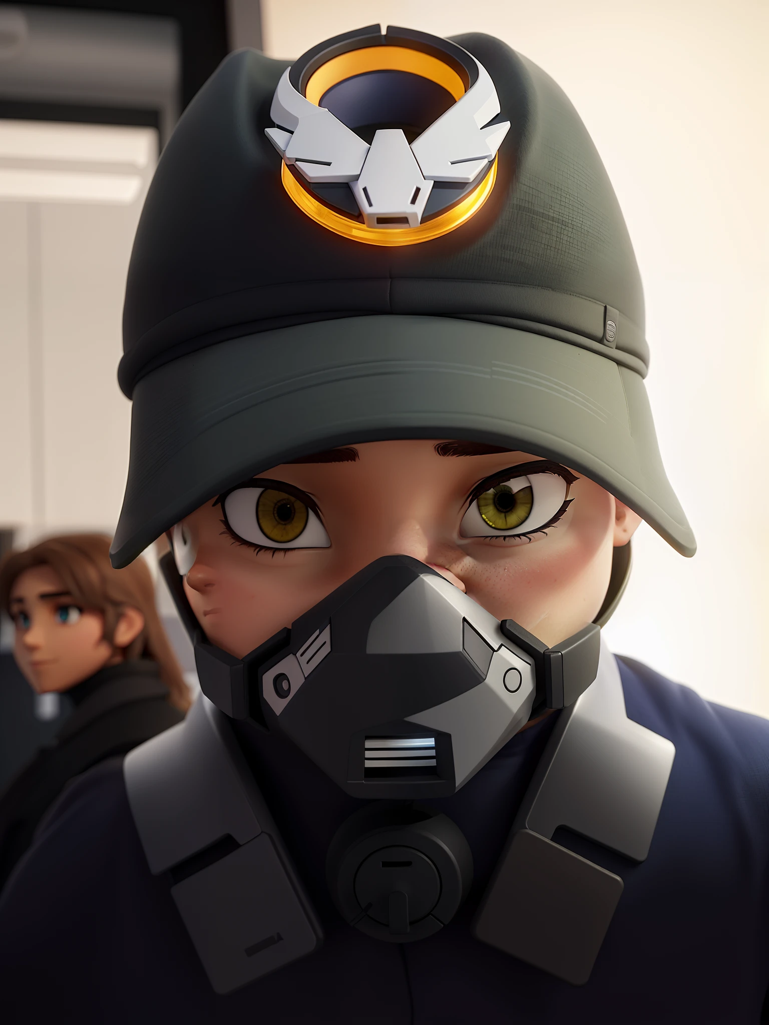Um agente da SHD parado na frente, illuminated by the light of a lamp, contra o pano de fundo de uma sala de armas.