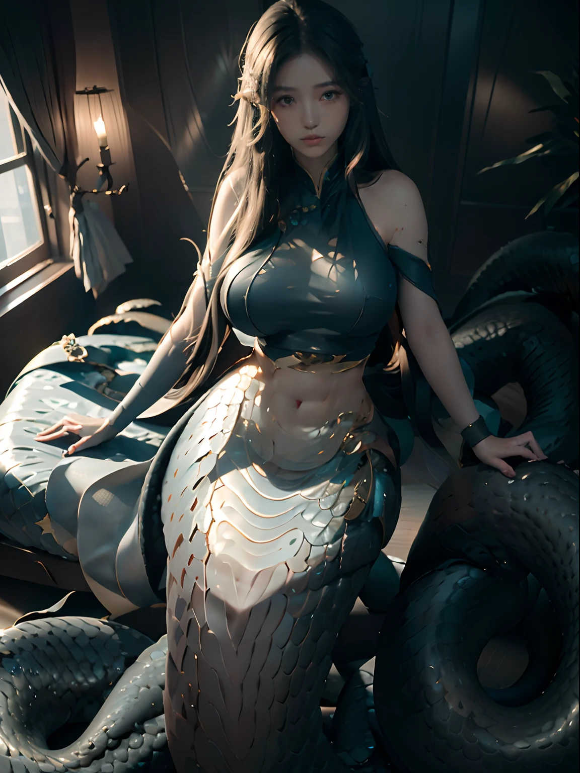 ((Best picture quality, 8K, tmasterpiece:1.3)), 1 Queen Medusa, Beautiful woman with slender abs:1.3, (Casual hairstyle, No leakage of big breasts:1.2), snake scales:1.1, （mermaids：1.2），（Elongated snake tail：1.3），Ultra-realistic golden scales，Ultra-fine face, A detailed eye, 二重まぶた，The skin is smooth and delicate，Reflective skin，Duan，Beds，Sit Pose，Faraway view