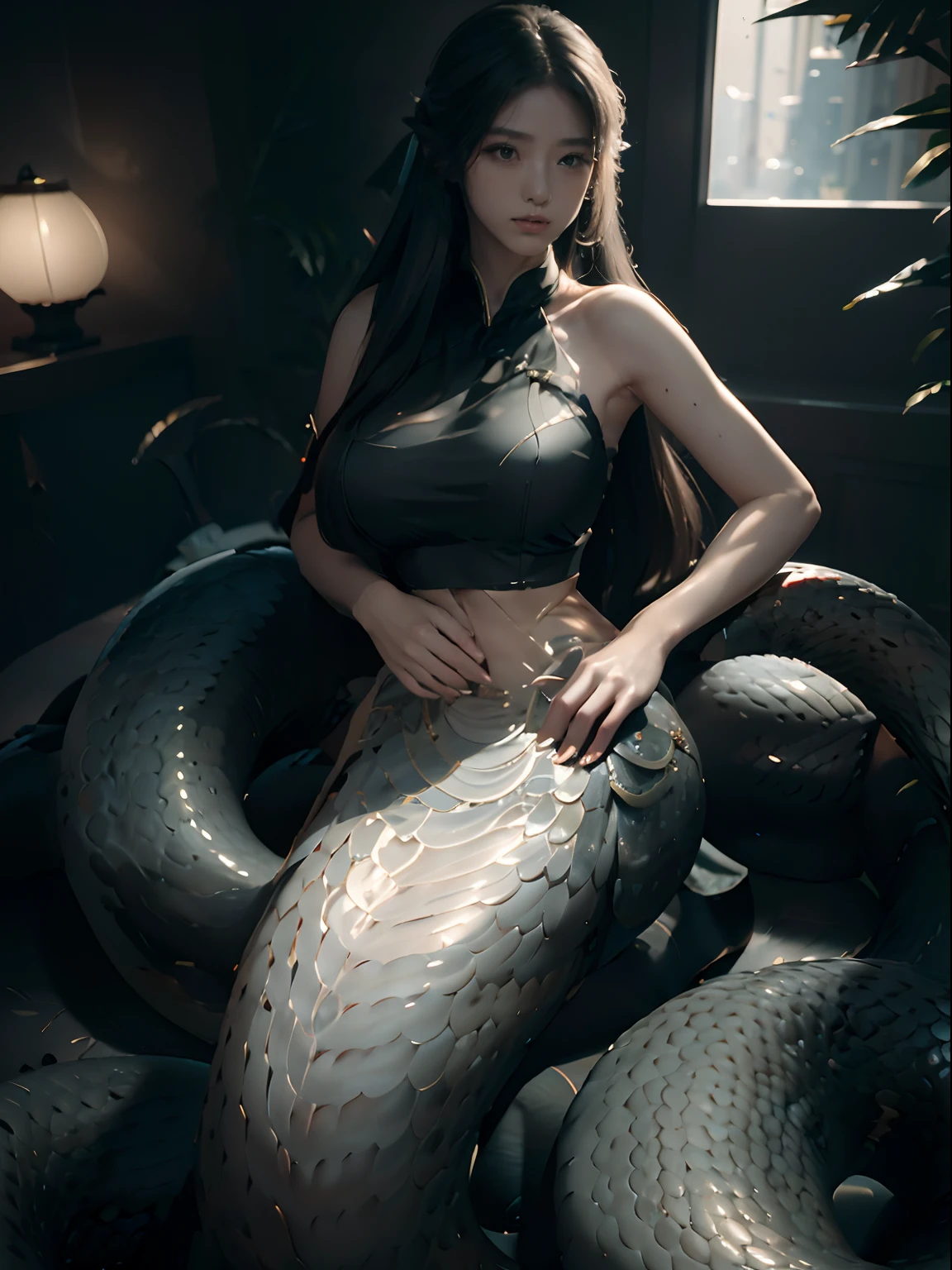 ((Best picture quality, 8K, tmasterpiece:1.3)), 1 Queen Medusa, Beautiful woman with slender abs:1.3, (Casual hairstyle, No leakage of big breasts:1.2), snake scales:1.1, （mermaids：1.2），（Elongated snake tail：1.3），Ultra-realistic golden scales，Ultra-fine face, A detailed eye, 二重まぶた，The skin is smooth and delicate，Reflective skin，Duan，Beds，Sit Pose，Faraway view