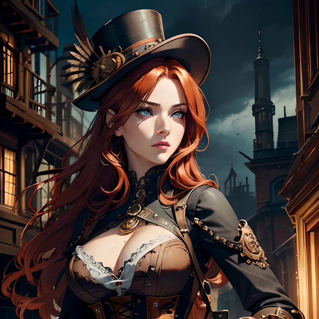 red-orange haired 30-year-old girl in steampunk attire, (intense,detailed) beautiful eyes, (intricate,detailed) luscious lips, (extremely detailed) face, (long eyelashes), (best quality, 4k, highres, masterpiece:1.2) ultra-detailed and (realistic,photorealistic,photo-realistic:1.37) illustration, (dark and mysterious) steampunk landscape with (detailed, intricate) machinery, (moody and atmospheric) lighting, (vivid, rich) colors, (detailed) cogs and gears, (simplistic) airship floating in the background, (steampunk) fashion accessories such as goggles, bracers, and leather corset, (dynamic) pose with the girl looking over her shoulder, (stylish) top hat adorned with feathers, (ornate) lace details on her dress, (expressive) facial expression showing confidence and determination