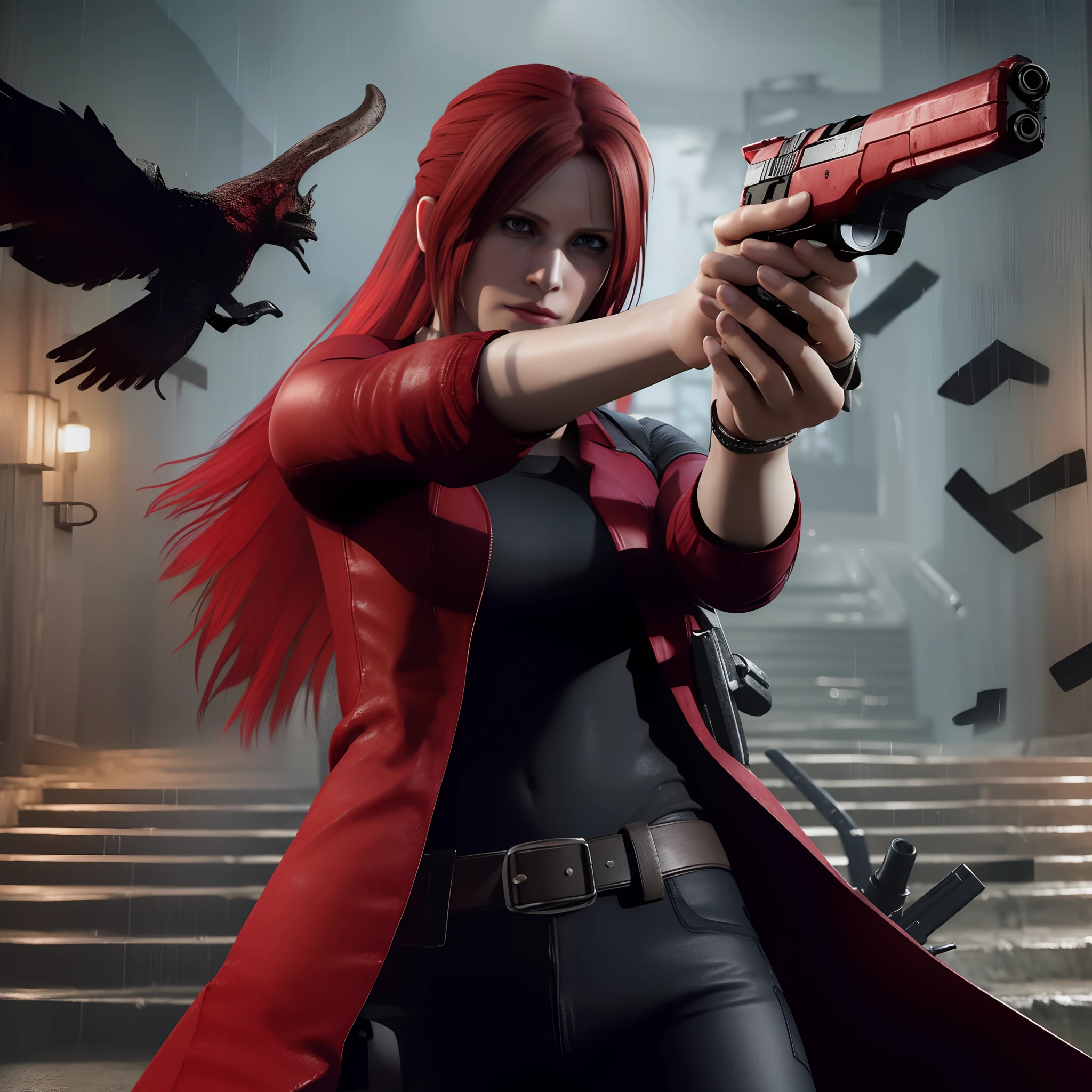 4K, HD, ((Claire Redfield 40 years old)), beautiful face, angry, very long red hair, perfect Face, black jeans, red long coat with black t-shirt, red nail polish, friendly face, Glare, holding a gun