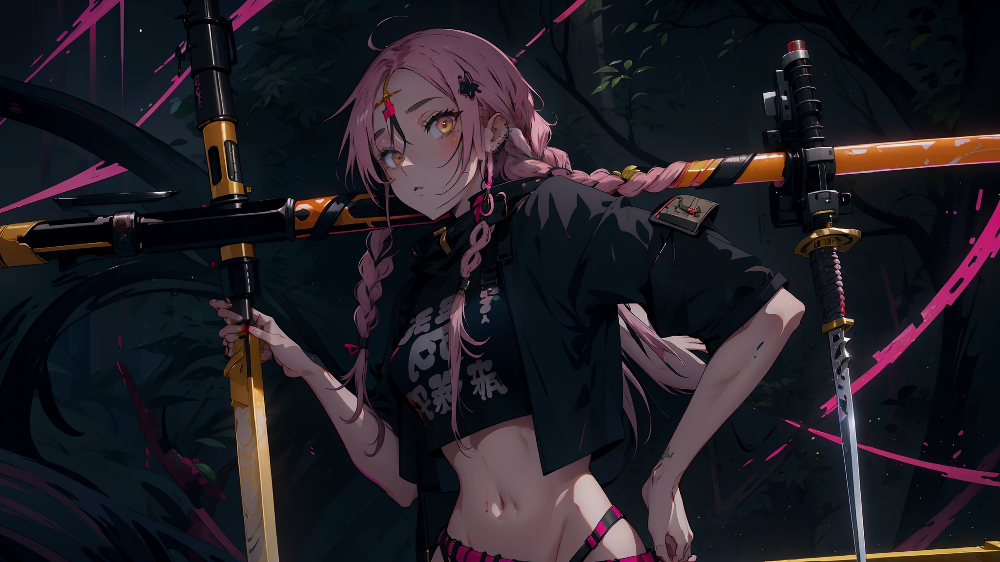 Nnja, pink long hair with  braids, yellow eyes, bangs, right hip star tattoo, rose tattoos, hair ribbon, belt, g-string, cleavage, crop top, fishnet shirt, full body, dark forest, Edo era Japan, sword on back, weapon, sword, half braided hair, tech wear, (insanely detailed, beautiful detailed face, masterpiece, best quality), 1girl, solo, baggy pants, navel, nose piercing, holding smartphone