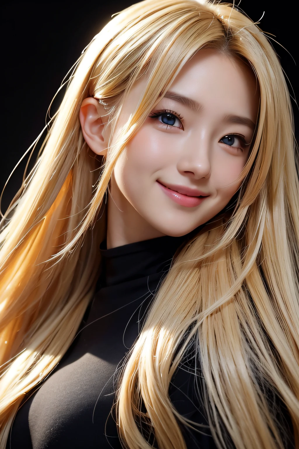 Anime, Face, Blonde hair, Black eyes, Long hair, Black background, facial close-up、masterpiece、top-quality、ultra-definition、hight resolution、With smiling eyes