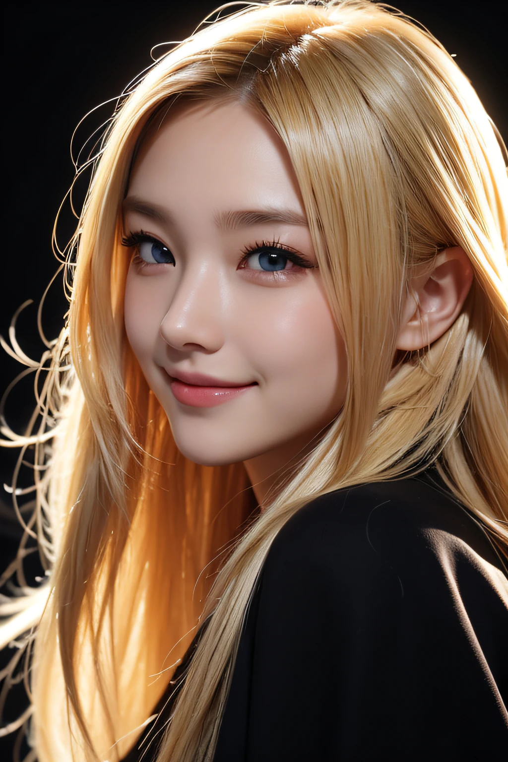Anime, Face, Blonde hair, Black eyes, Long hair, Black background, facial close-up、masterpiece、top-quality、ultra-definition、hight resolution、With smiling eyes