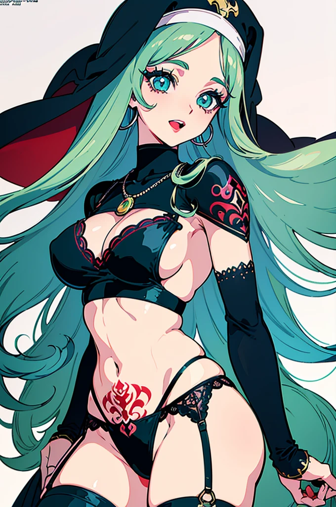 "(masterpiece:1.1), best quality,
1girl, (80s anime style:1.4), (eyelashes:1.5),
(intricate high detailed body:1.2),
aqua hair,
(forehead:1.2), short blunt bangs, (long hair:1.1), (nun wimple:1.2),
green eyes, (red lip stick:1.1),
(large breasts:1.1),
happy, smile, open mouth,
(silver embroidery bikini armor, tattoo:1.2), (garter belt:1.2),
(pauldrons:1.1), (hoop earrings:1.1), crystal necklace,
standing,
(cowboy shot:1.1),
(simple white background:1.2)"