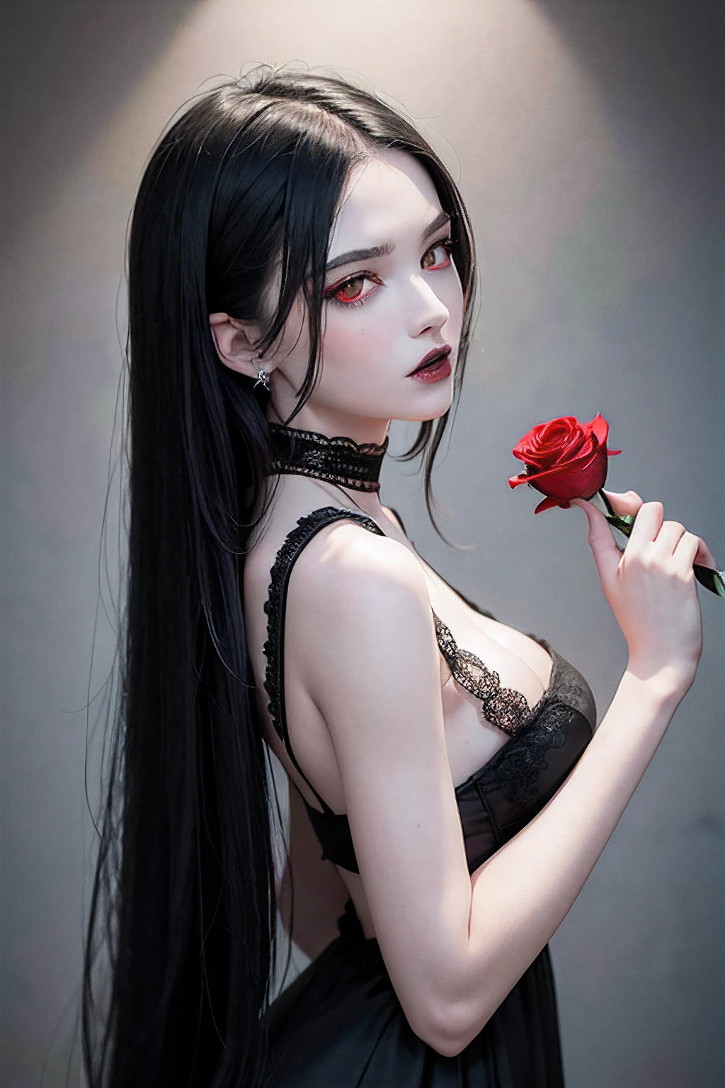 8k, masterpiece, best quality, photorealistic, raw photo, ultra high definition, 1 woman, (red eyes:1.4), long messy black hair, pale skin, very low cut sheer black gothic gown with lace trim, black lace choker with a diamond pendant, standing facing a wall and looking back over her shoulder, sad look, head angled down, eyes looking at viewer, mouth open slightly, (black lipstick), holding a rose in her right hand, medieval castle wall background