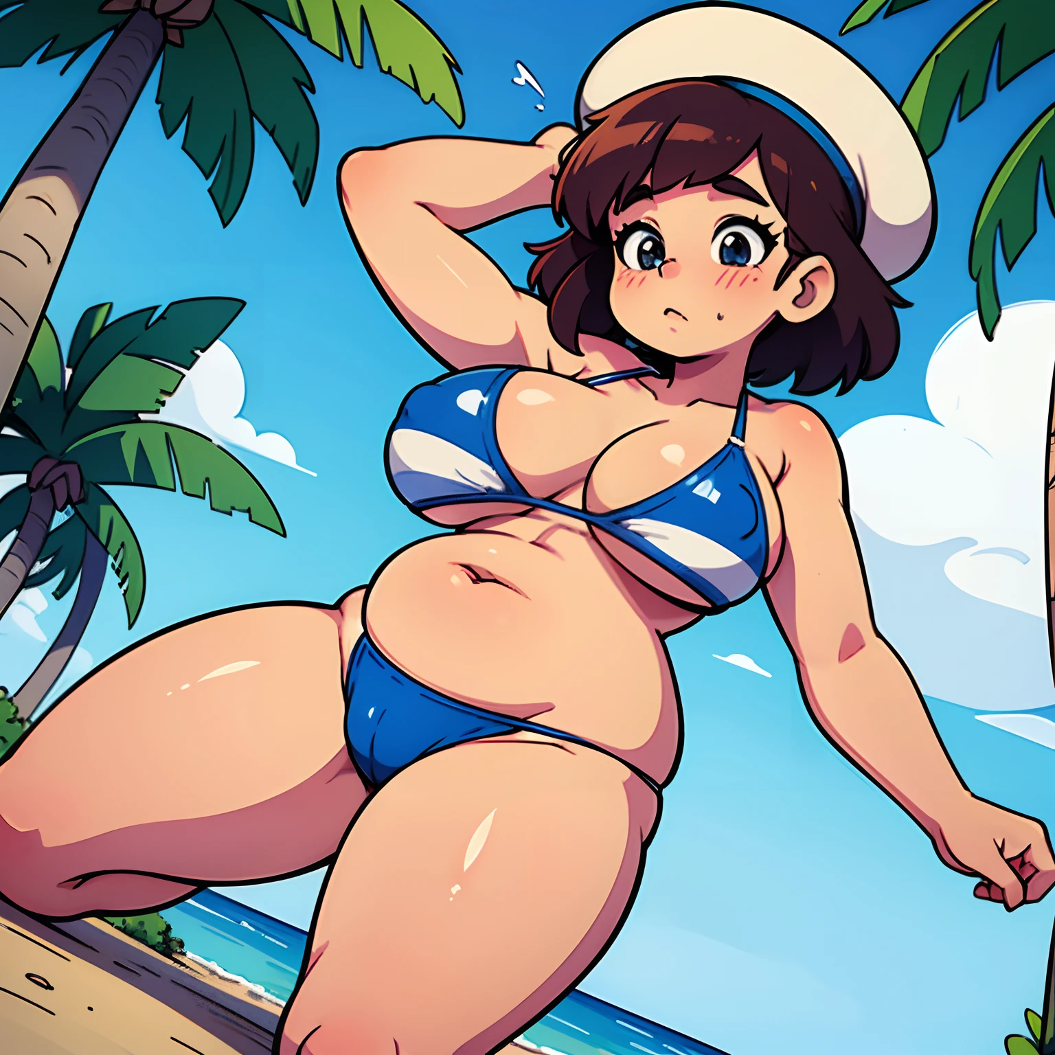 A young woman, 18 years old, very chubby, thicc, chubby belly, out of her depth, anxious, cute hair style, light skin, wearing a half bikini, new arrival, by the boardwalk ,