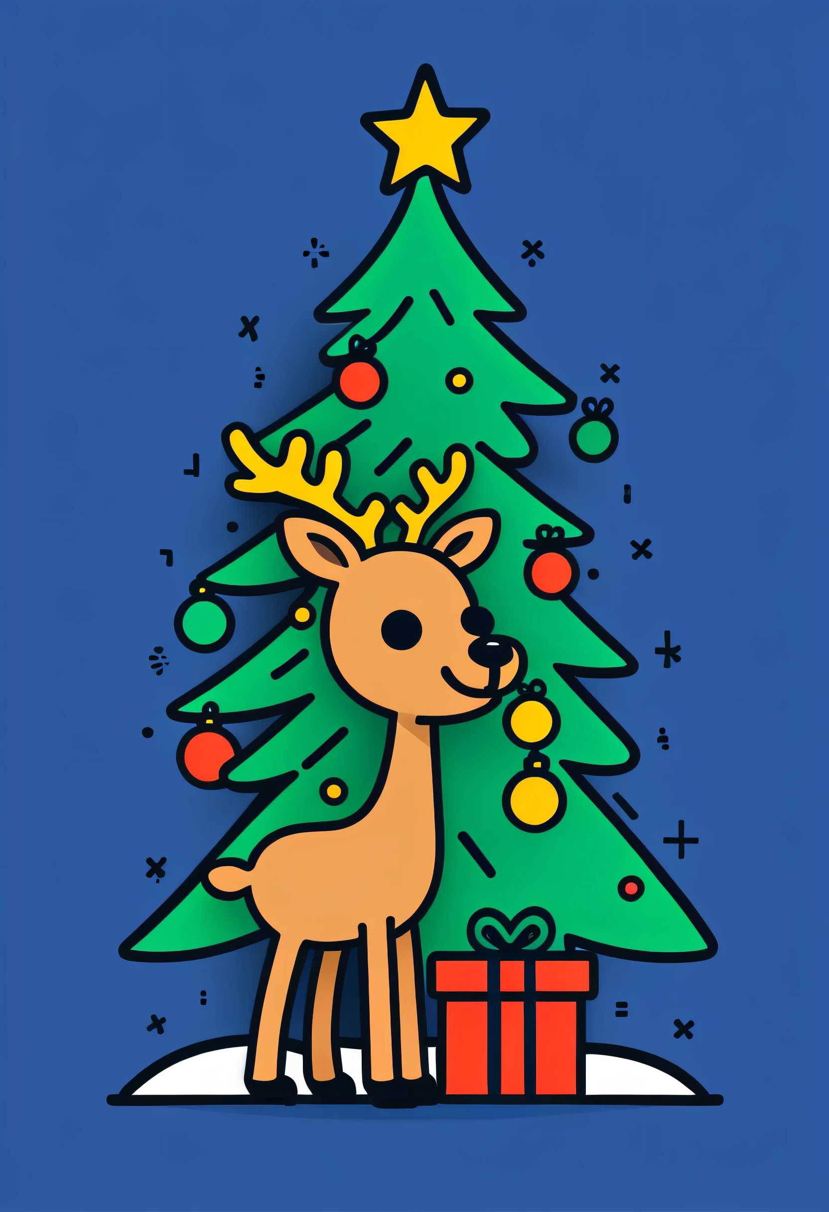 Cute Christmas Reindeer next to a Christmas tree, line art, simple details, in style of Keith Haring, bold line and solid color, minimalist,