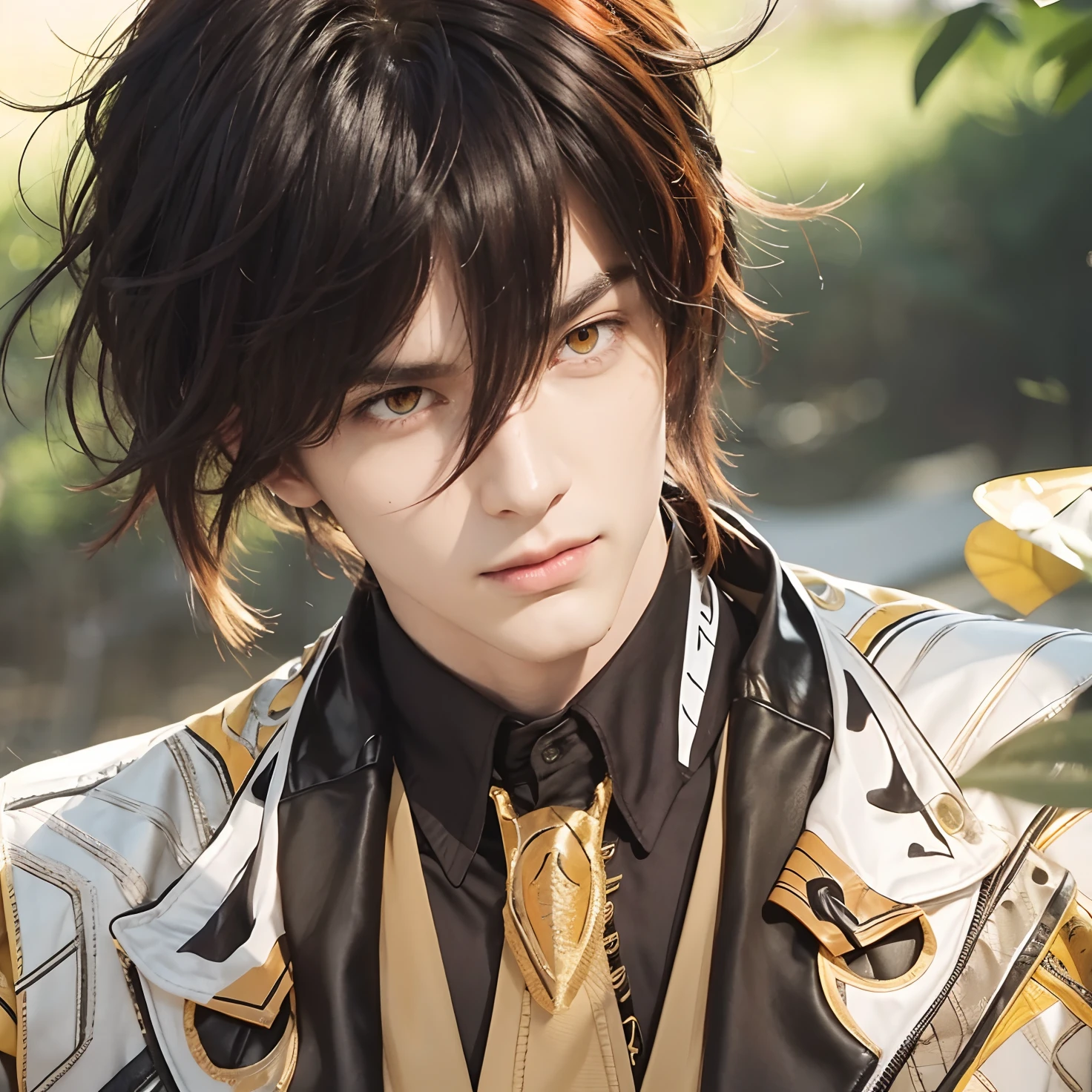A man with realistic black and orange hair, exactly the same hairstyle, realistic yellow eyes, realistic handsome face, realistic cool expression, exactly the same clothes, realistic light,Realistic shadows, realistic background
