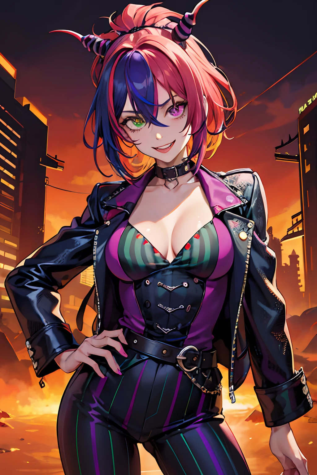 Beetlejuice, official art, 1girl, solo,(demonic, semi realistic, demonic, shiny skin, textured skin),holographic eyes, heterochromia, purple eyes, striped jacket,striped shirt, two tone hair, streaked hair, multicolored hair,  red hair, green hair, wild hair, evil scene,teeth, side lighting,  ray tracing, depth of field, solo, extreme light and shadow, masterpiece, post apocalyptic, sexy, beautiful , scary, rich in detail,(detailed eyes), (handsome) detailed, (dirt splotches), (horror theme), (beetlejuice), detailed eyes,(straight-on),(masterpiece), (best quality), (ultra-detailed), (best illustration),(best shadow),rim lighting, beetlejuice, ((Beetlejuice)), crazy grin, crazy expression,