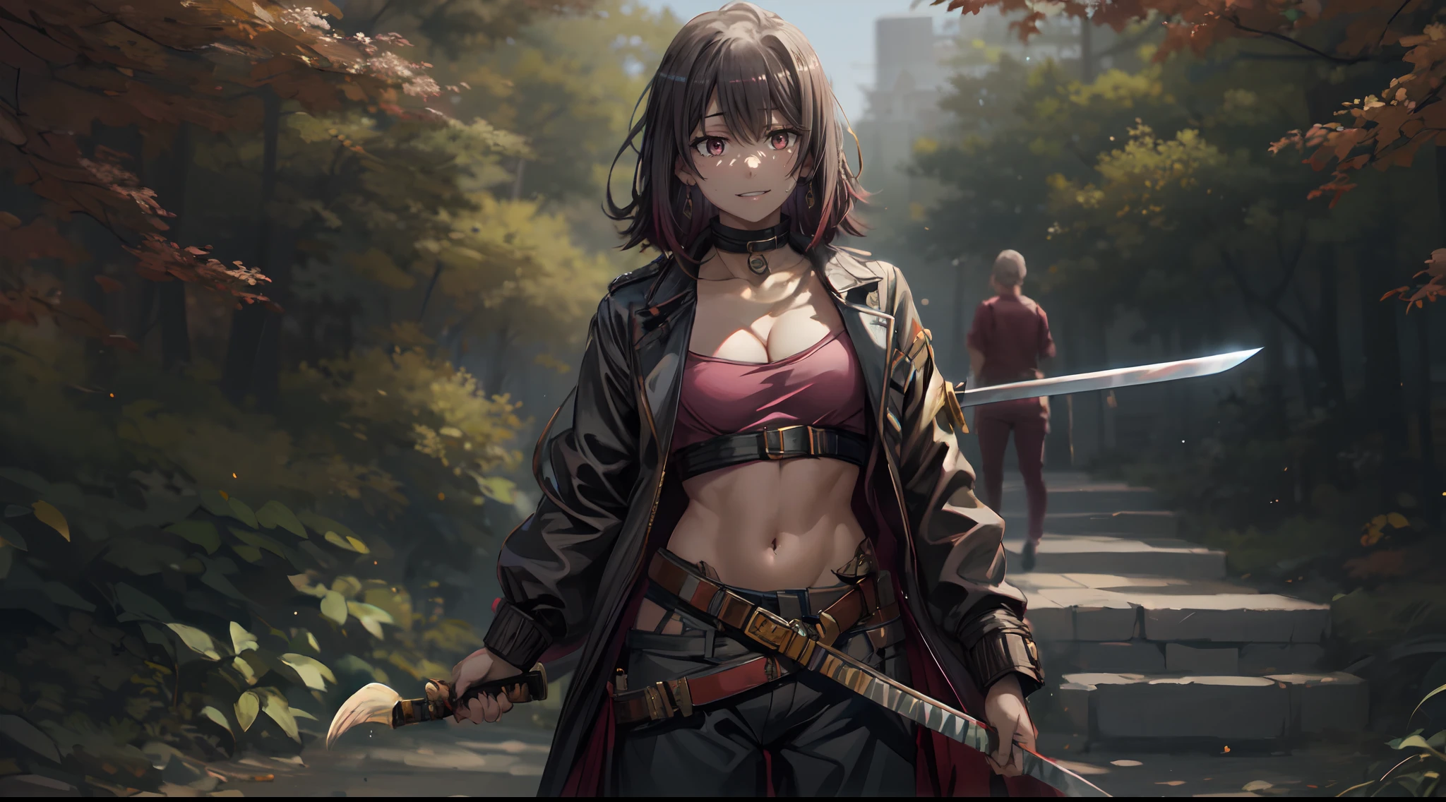 short hair, black hair, yukinoshita haruno, multicolored hair, sword, 1girl, weapon, , breasts, navel, belt, katana, jacket, black_pants, pants, midriff, solo, sheath, standing, looking_at_viewer, outdoors, holding, cleavage, choker, black_jacket, open_clothes, twin_braids, long_sleeves, "Photorealistic, Hyperrealistic, Hyperdetailed, analog style, soft lighting, subsurface scattering, realistic, heavy shadow, masterpiece, best quality, ultra realistic, 8k, golden ratio, Intricate, High Detail, film photography, soft focus"