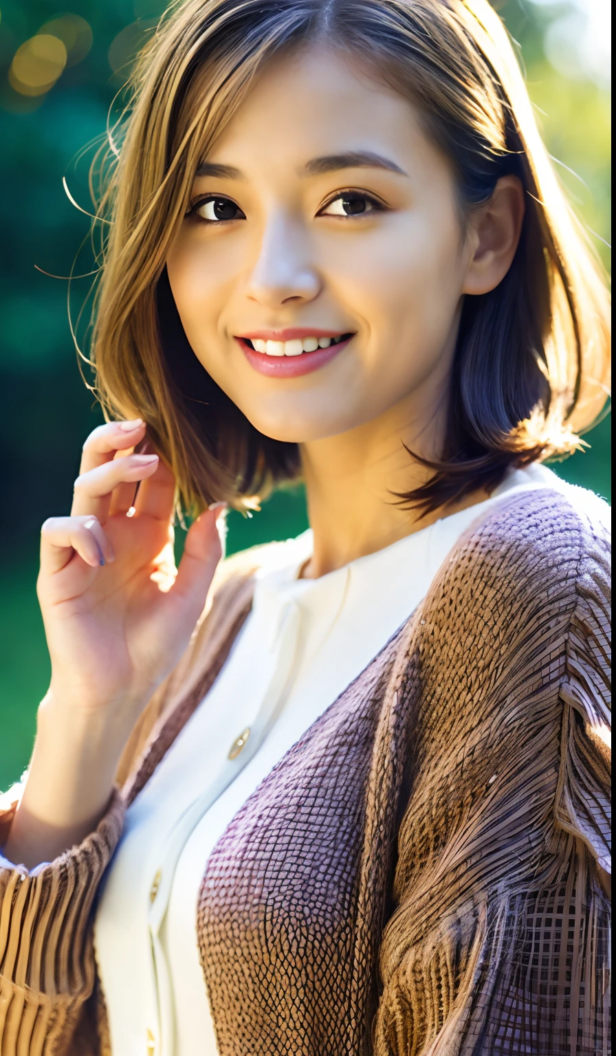 (Raw photo, Best Quality), (Realistic, Photorealsitic:1.3), masutepiece, Extremely delicate and beautiful, Soft light, (light brown hair,Bob Hair, highlights hair), Beautiful detailed girl, (Detailed fingers), extremely detailed eye and face, beautiful detailed nose, Beautiful detailed eyes, 1 girl, Japanese, Neat and clean beauty, Cute, 年轻, Smile, Sweaters, Slimed、A slender、(Half body:1.3), (tiny chest), Realistic face, Realistic body, Outdoors