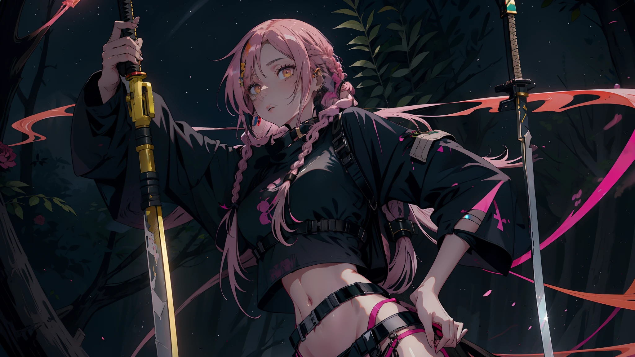 Nnja, pink long hair with  braids, yellow eyes, bangs, right hip star tattoo, rose tattoos, hair ribbon, belt, g-string, cleavage, crop top, fishnet shirt, full body, dark forest, Edo era Japan, sword on back, weapon, sword, half braided hair, tech wear, (insanely detailed, beautiful detailed face, masterpiece, best quality), 1girl, solo, baggy pants, navel, nose piercing, holding smartphone