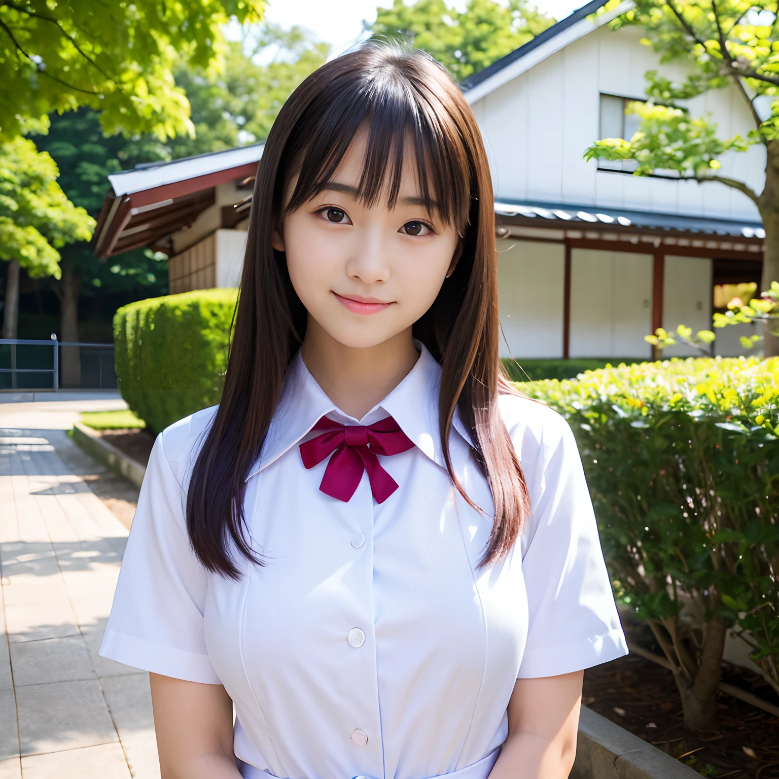 (Best-Quality, Masterpiece, Ultra-High-Resolution, (Photorealistic:1.4), Raw-Photo, Hyper-Detailed), 1girl, -yeld, Jaese famous idol, wearing Japanese high school uniform, portrait, innocent smile, strong lighting for face, extremely cute face like a the most popular Japanese idol, amazingly beautiful big black eyes, beautiful black hair, very beautiful white skins, very beautiful medium breasts, detailed face, detailed eyes, detailed hair, detailed white skins, detailed Japanese high school uniform, detailed breasts
