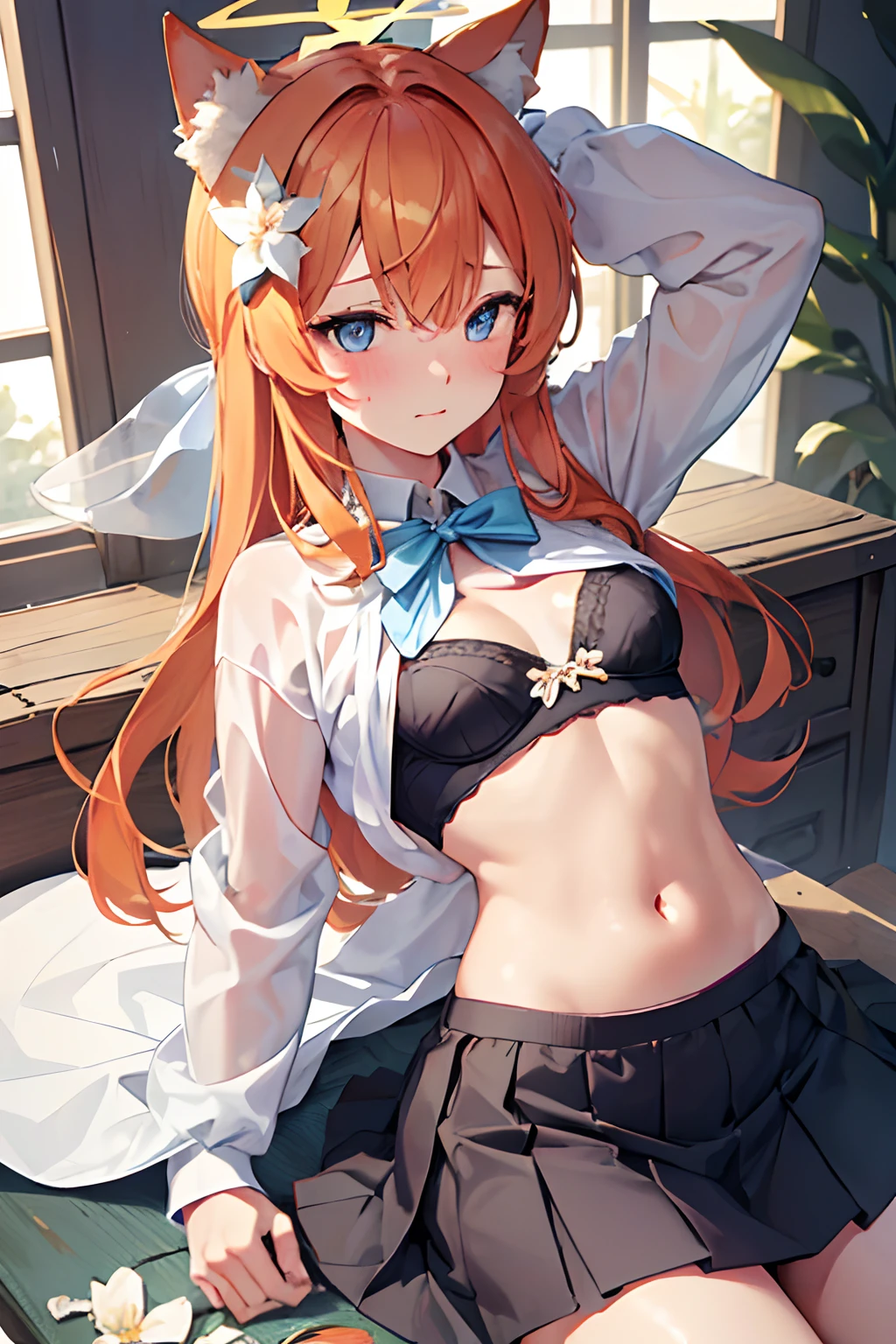 (top-quality, 8K, masterpiece, Top image quality, Hi-Res, super detailing, Ultra HD, (Delicate and smooth skin, real looking skin, Perfect and beautiful face ,Perfect and cute face, high detail skin, Perfect limbs)), 1 girl , :< , animal ear fluff , animal ears , beer can , black skirt , blue eyes , blush, closed mouth , clothes lift , drunk , flying sweatdrops , hair flower , hair ornament , halo , lifting shirt , long orange hair , long sleeves , looking at viewer , small breasts , lifting sweater , underwear , white bow bra , white flower , yellow sweater, mari (blue archive)