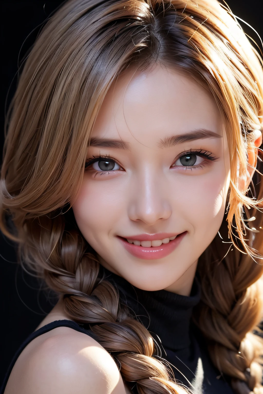 Anime, Face, Braided curly blonde hair, Black eyes, Long hair, Black and silver off-the-shoulder、Black background, facial close-up、​masterpiece、top-quality、ultra-definition、hight resolution、With smiling eyes、facial close-up,