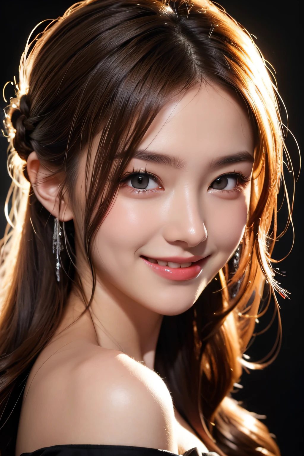 Anime, Face, Braided curly blonde hair, Black eyes, Long hair, Black and silver off-the-shoulder、Black background, facial close-up、masterpiece、top-quality、ultra-definition、hight resolution、With smiling eyes、facial close-up,